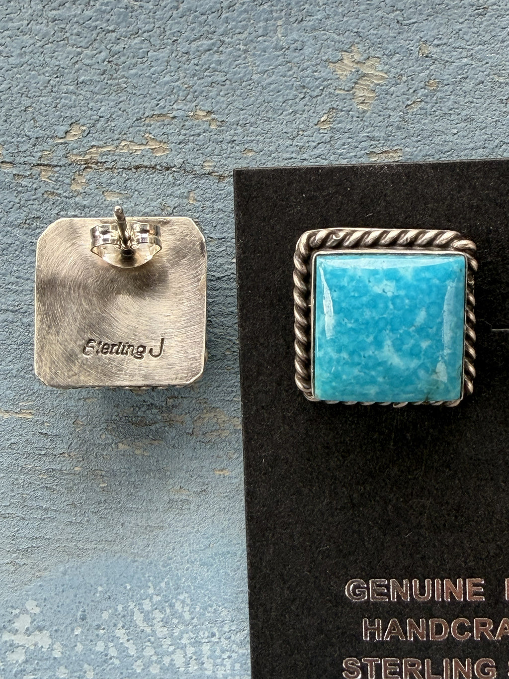 *Native American Made* Navajo Judith Dixon:  Sterling Silver with Kingman Square Post Earrings