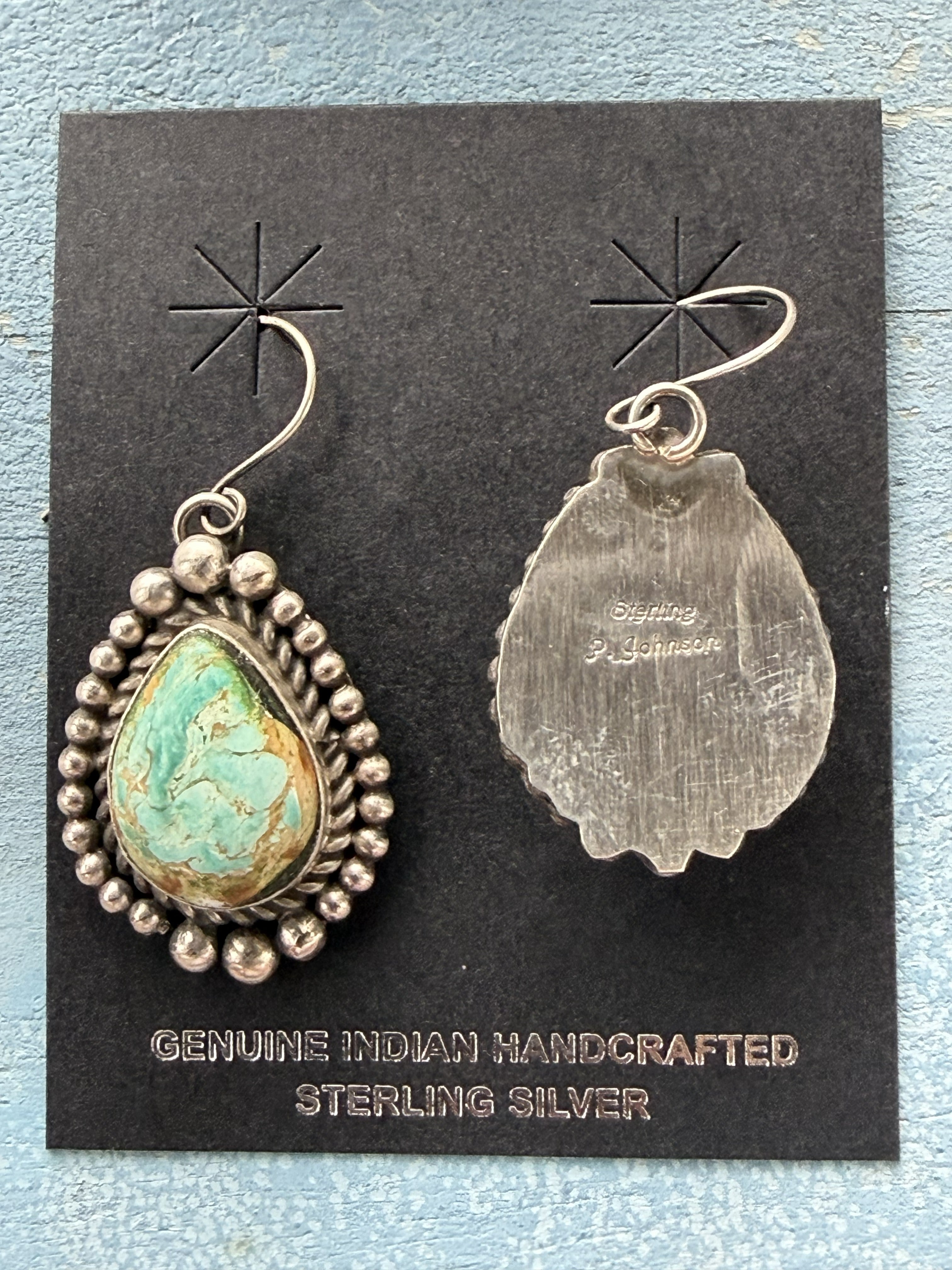 *Native American Made*  Navajo Patricia Johnson:  Sterling Silver with Sonoran Drop Dangle Earrings