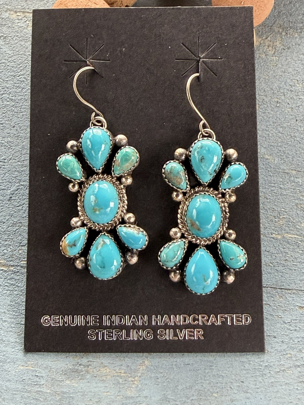 *Native American Made* Navajo Trisha Smith:  Sterling Silver and Kingman Cluster Dangle Earrings