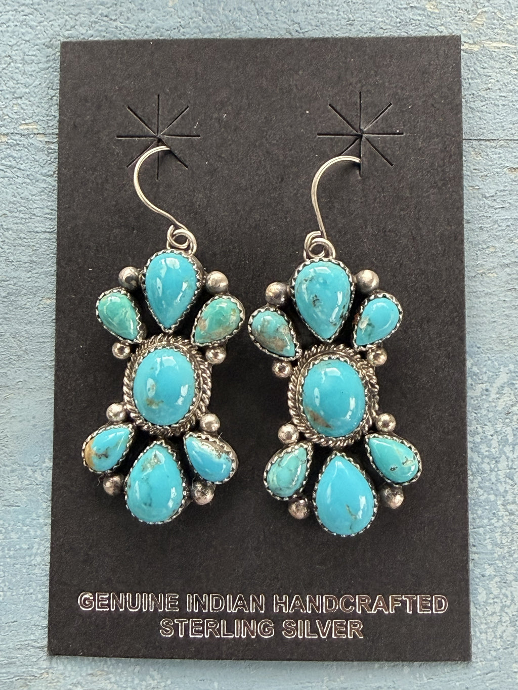 *Native American Made* Navajo Trisha Smith:  Sterling Silver and Kingman Cluster Dangle Earrings