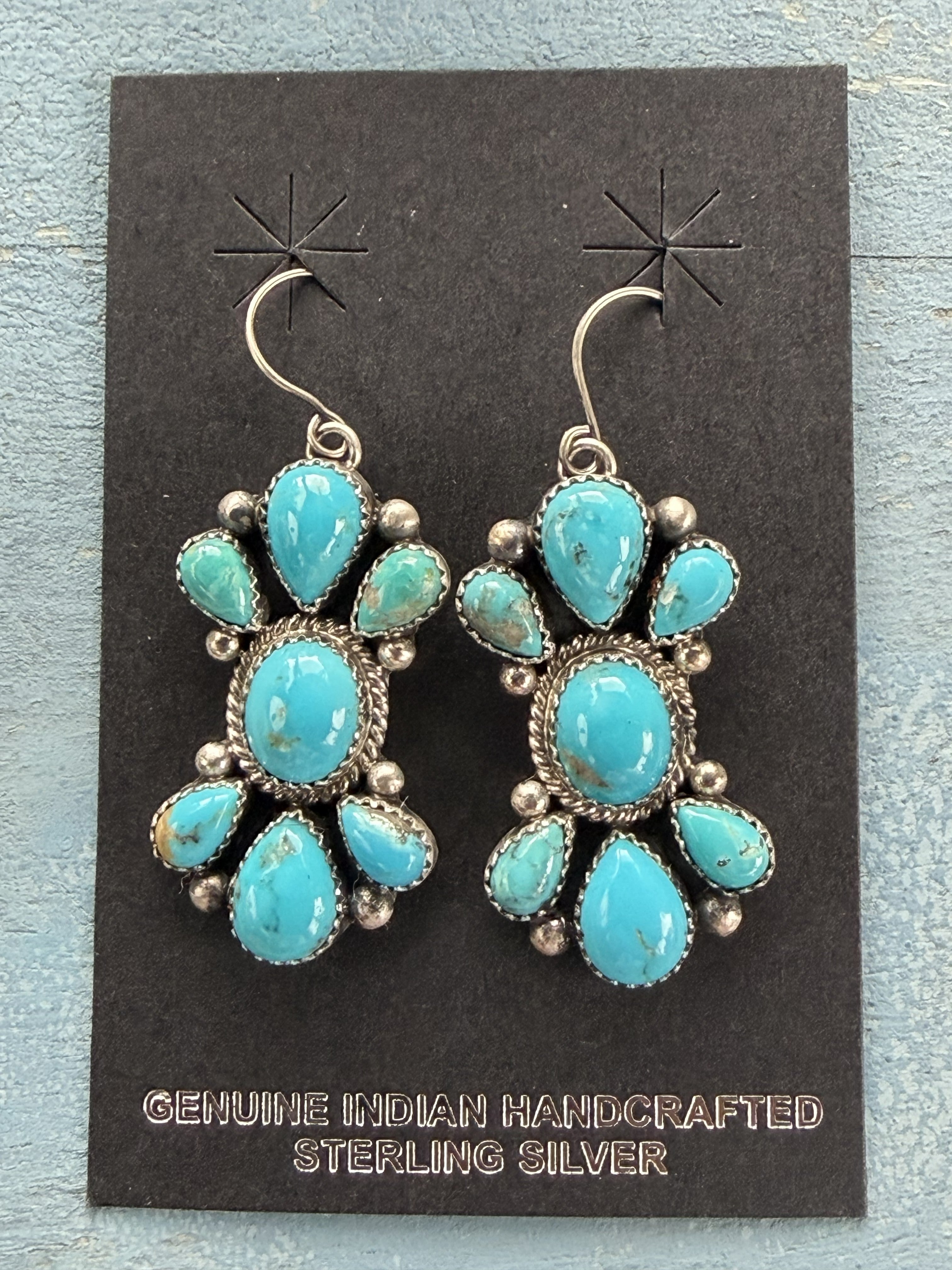 *Native American Made* Navajo Trisha Smith:  Sterling Silver and Kingman Cluster Dangle Earrings