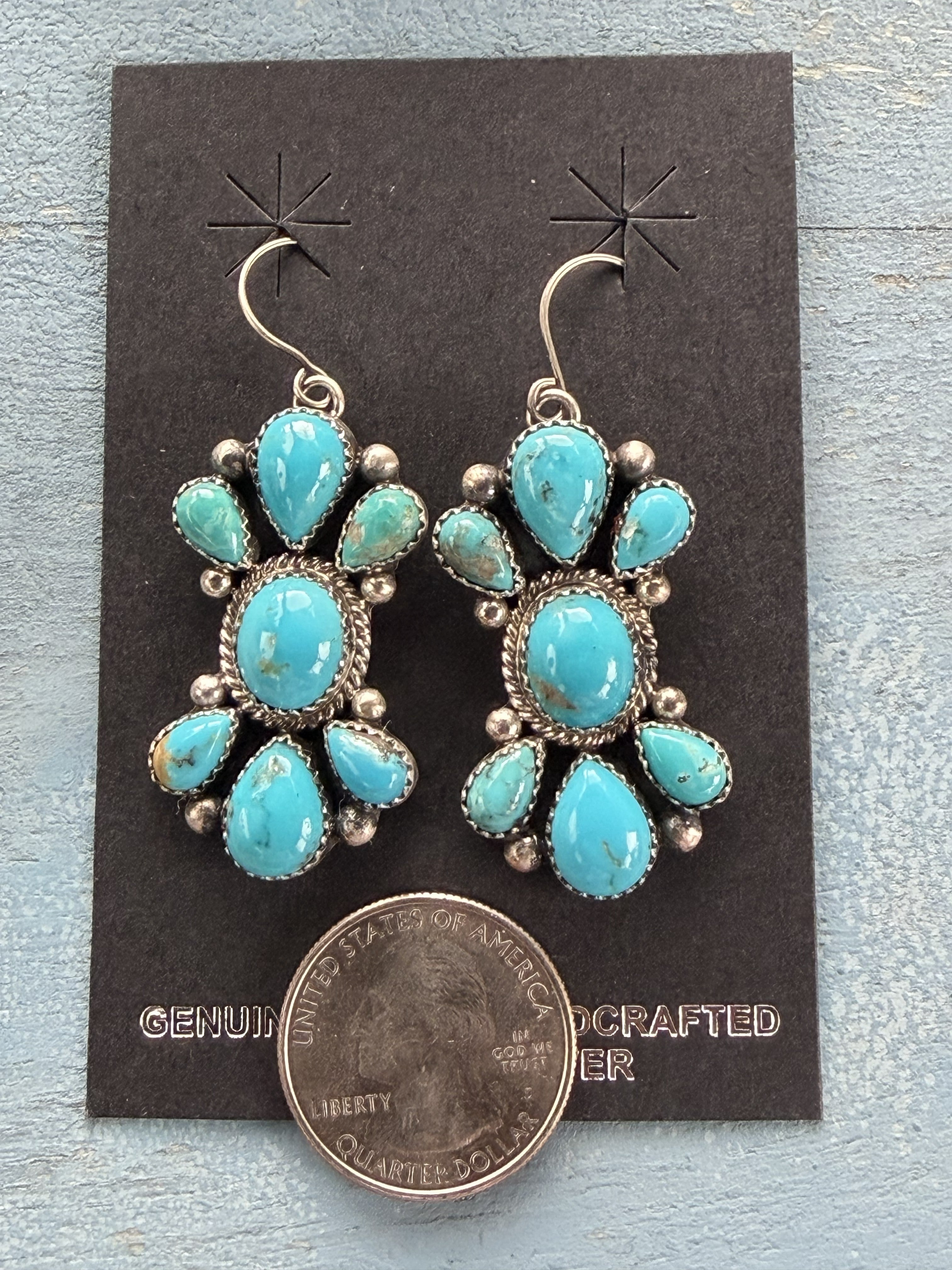 *Native American Made* Navajo Trisha Smith:  Sterling Silver and Kingman Cluster Dangle Earrings