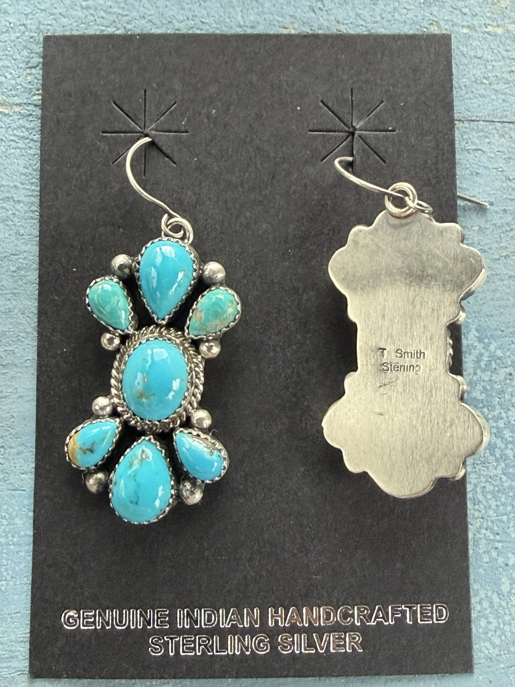 *Native American Made* Navajo Trisha Smith:  Sterling Silver and Kingman Cluster Dangle Earrings