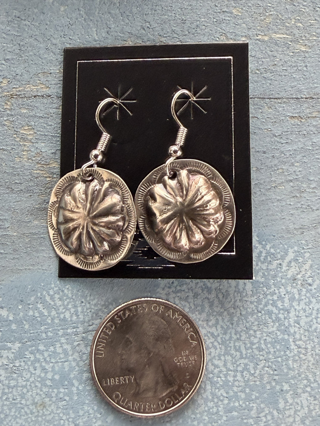 *Native American Made*  Navajo Joan Begay:  Sterling Silver Concho Dangle  Earrings