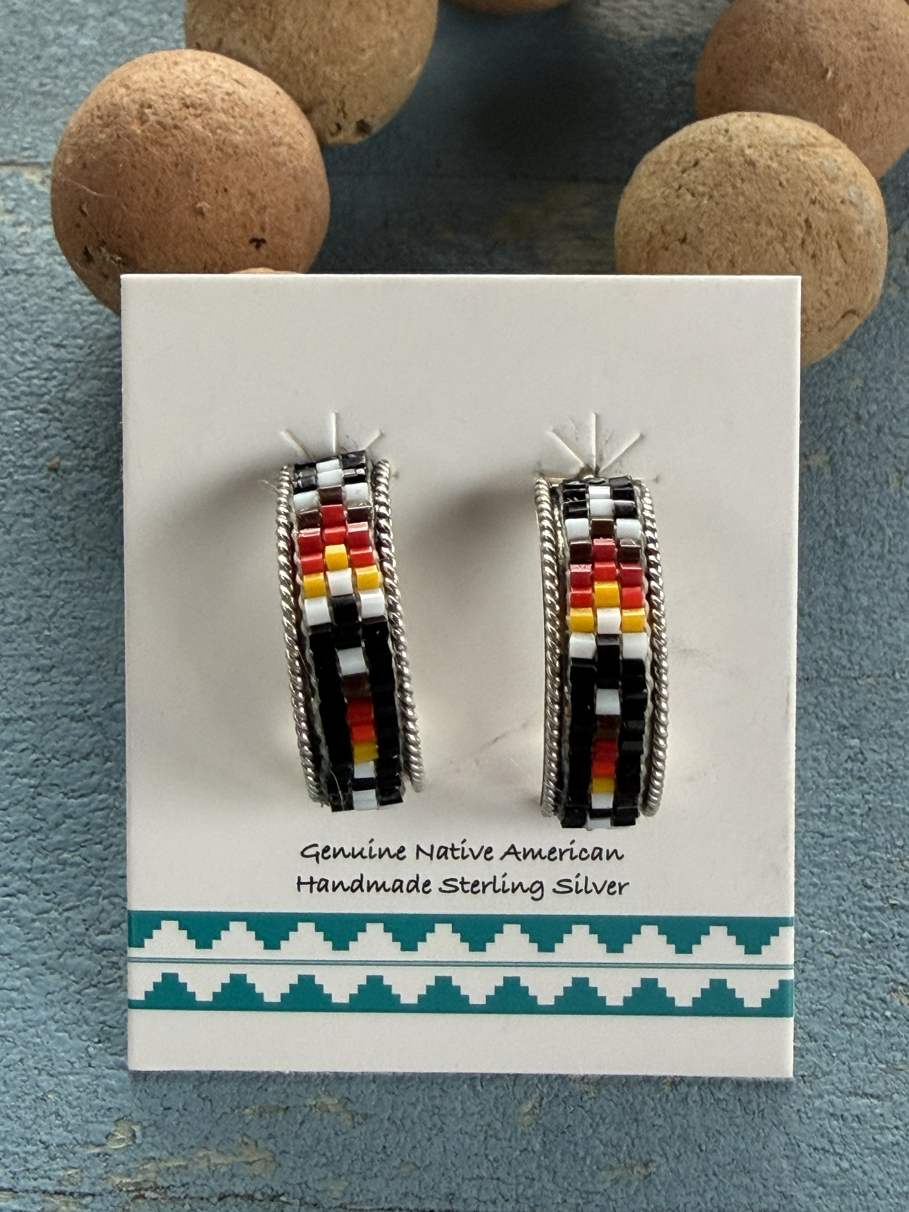 *Native American Made*  Navajo Lucille Romone:  Sterling Silver Beaded Half Hoop Earrings