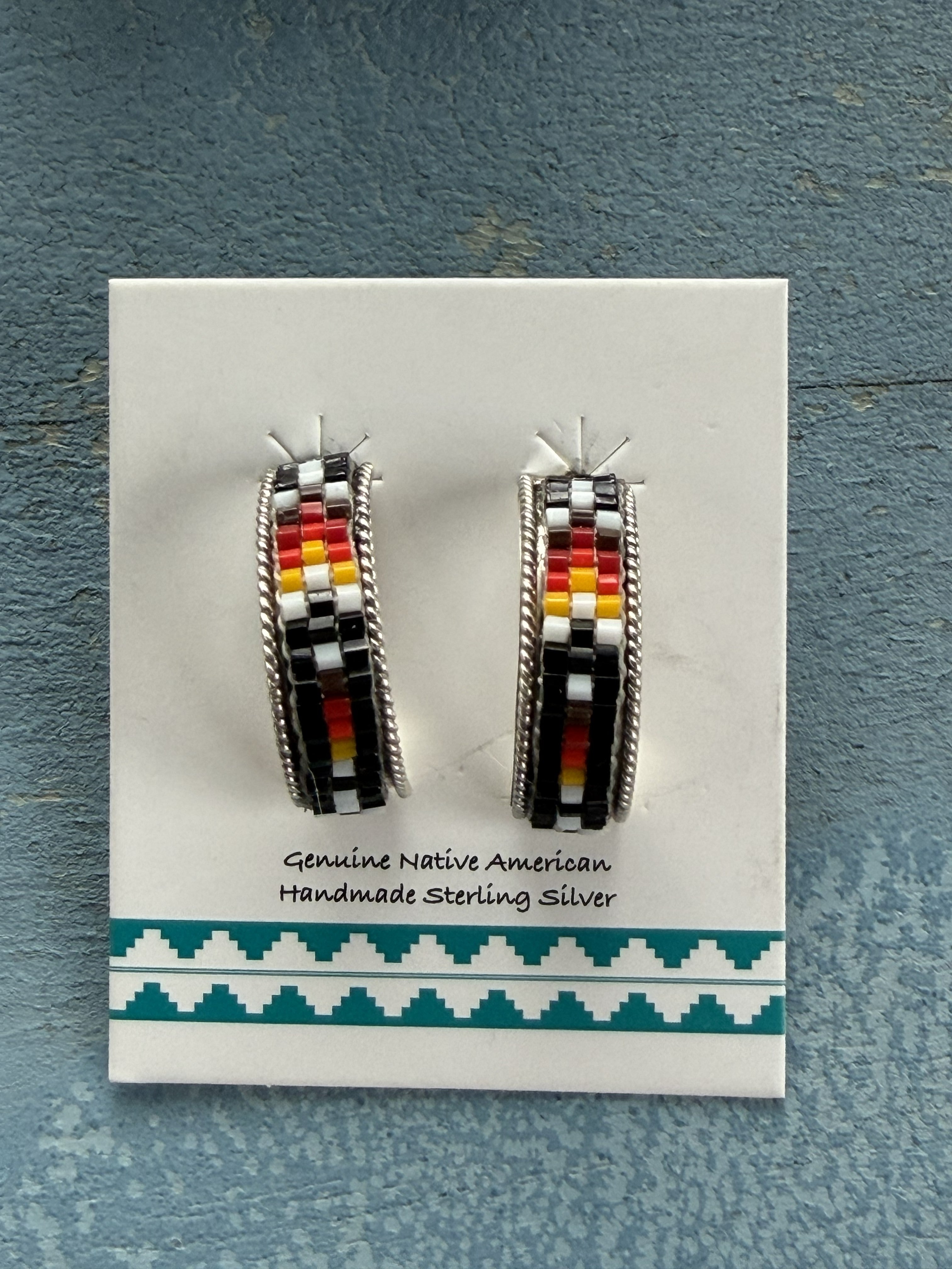 *Native American Made*  Navajo Lucille Romone:  Sterling Silver Beaded Half Hoop Earrings