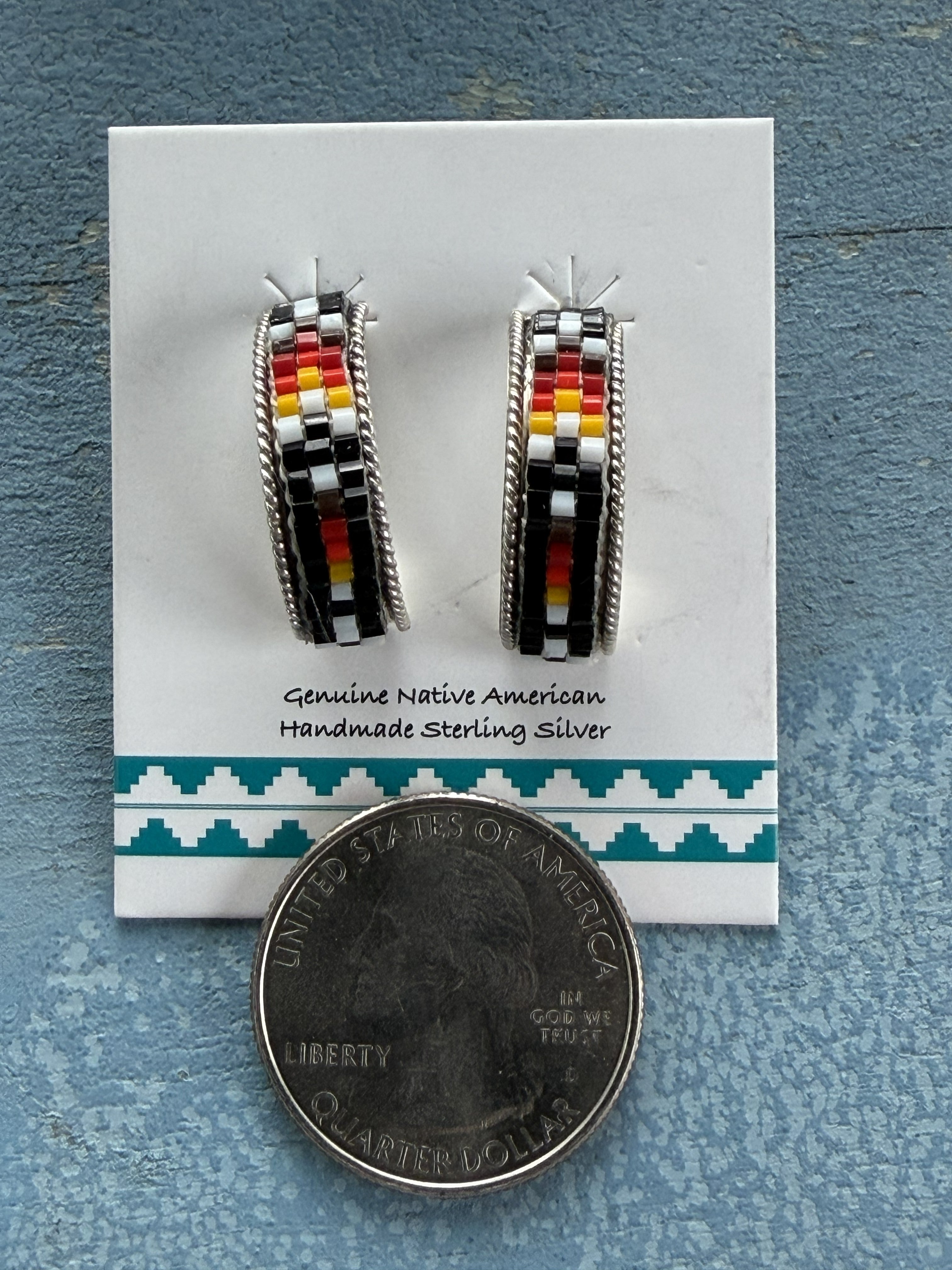 *Native American Made*  Navajo Lucille Romone:  Sterling Silver Beaded Half Hoop Earrings
