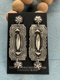 *Native American Made:  Navajo Leander Tahe:  Sterling Silver Long Rectangle Dangle Earrings