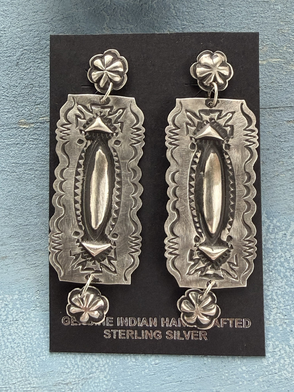 *Native American Made:  Navajo Leander Tahe:  Sterling Silver Long Rectangle Dangle Earrings