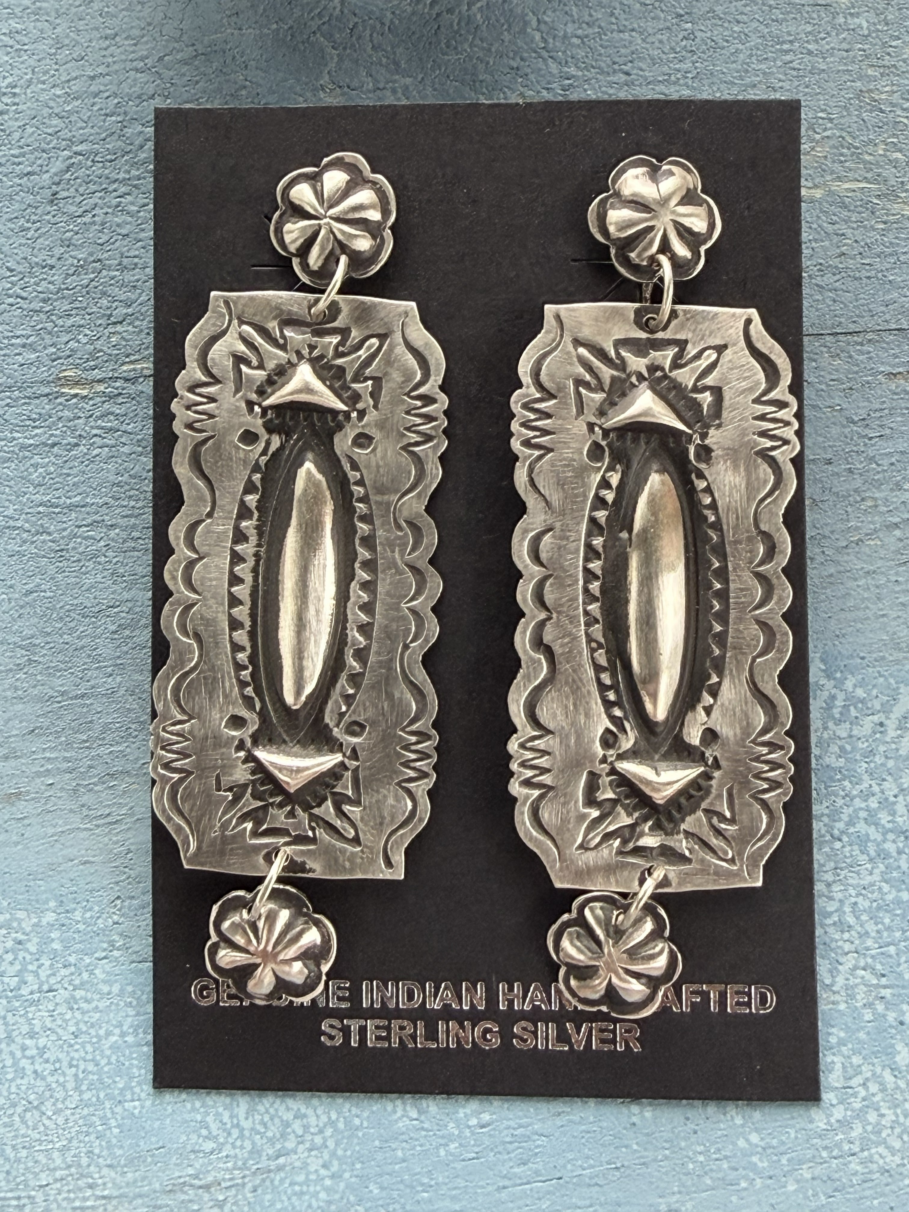 *Native American Made:  Navajo Leander Tahe:  Sterling Silver Long Rectangle Dangle Earrings