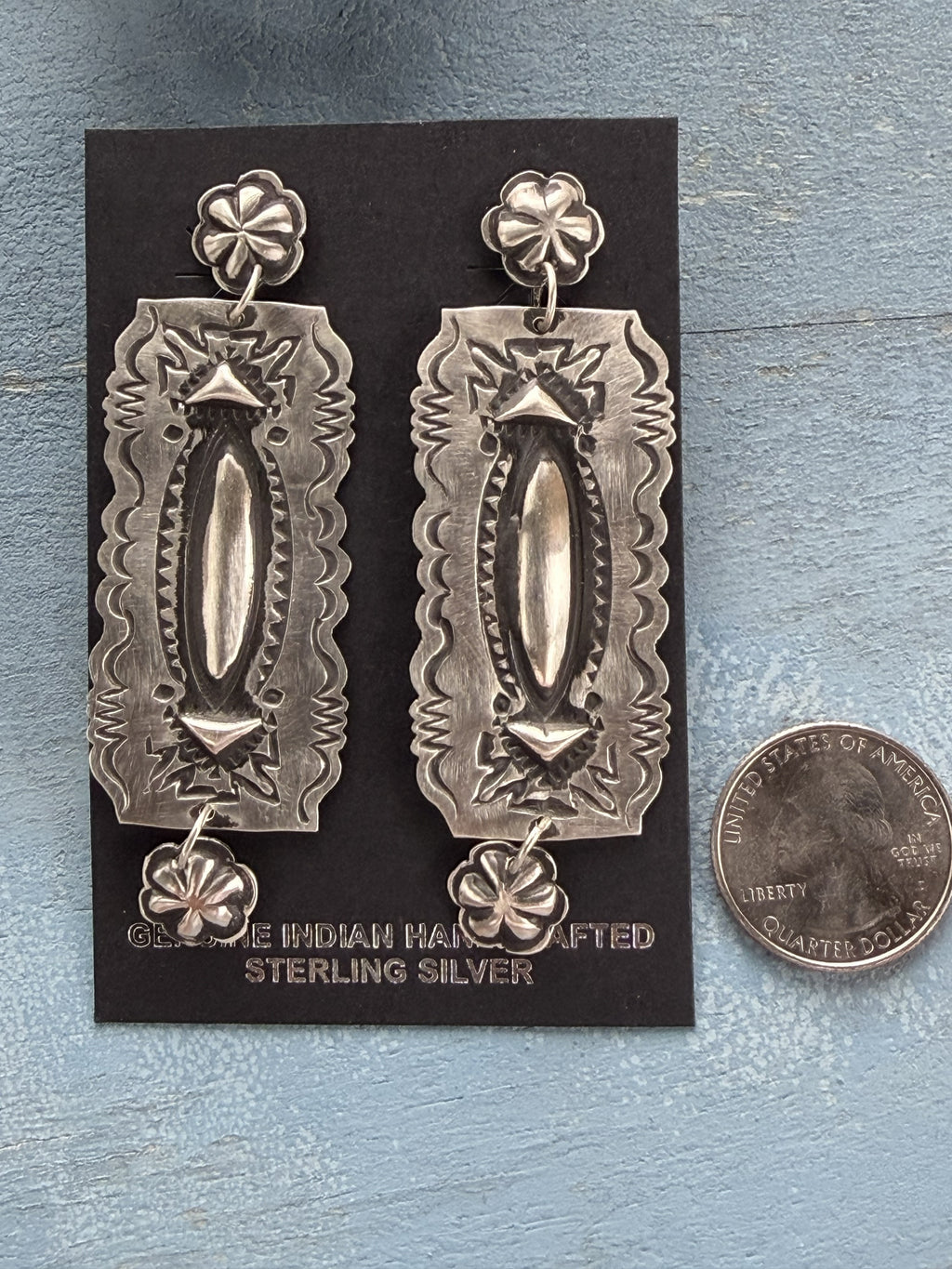 *Native American Made:  Navajo Leander Tahe:  Sterling Silver Long Rectangle Dangle Earrings