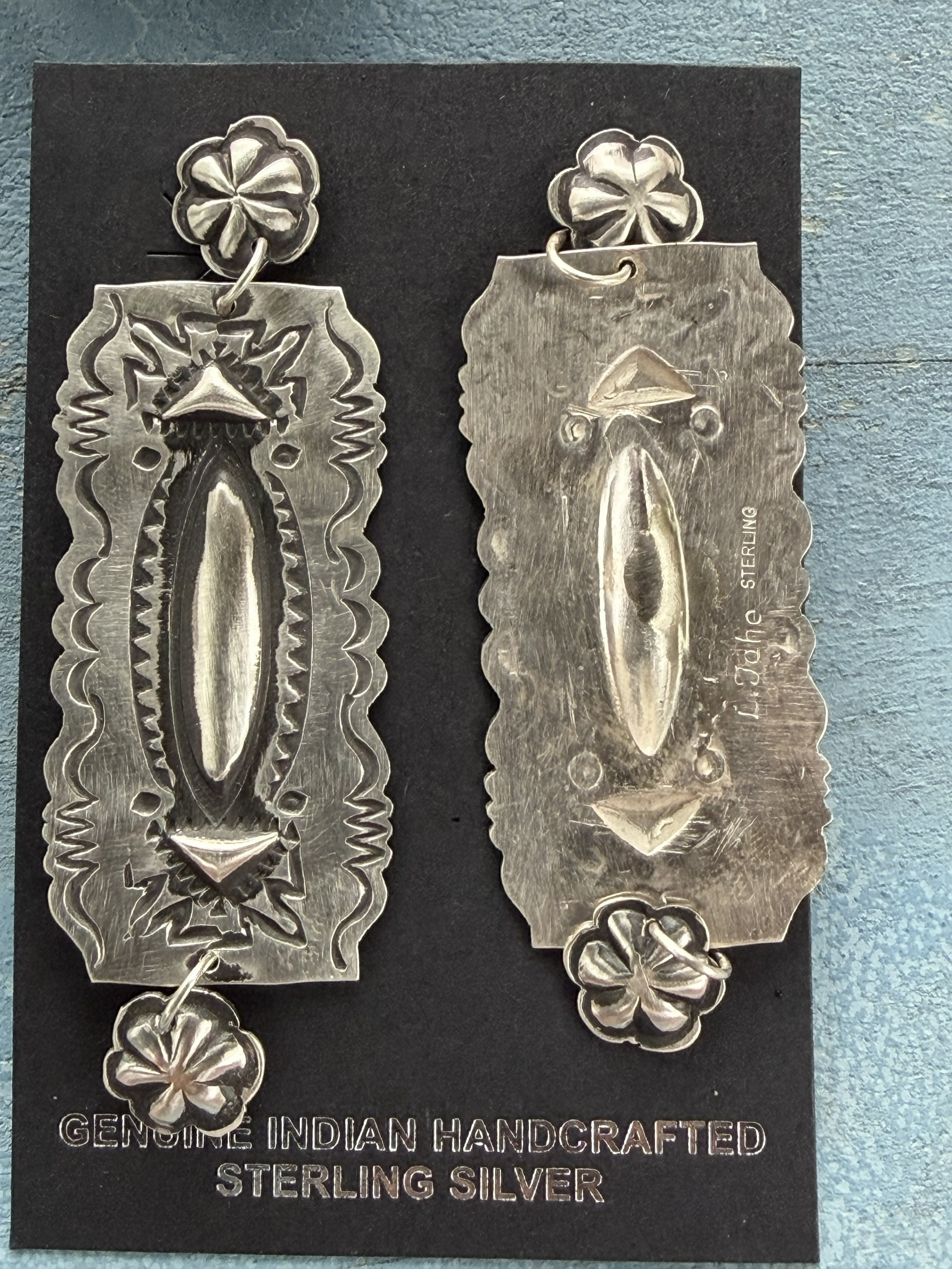 *Native American Made:  Navajo Leander Tahe:  Sterling Silver Long Rectangle Dangle Earrings