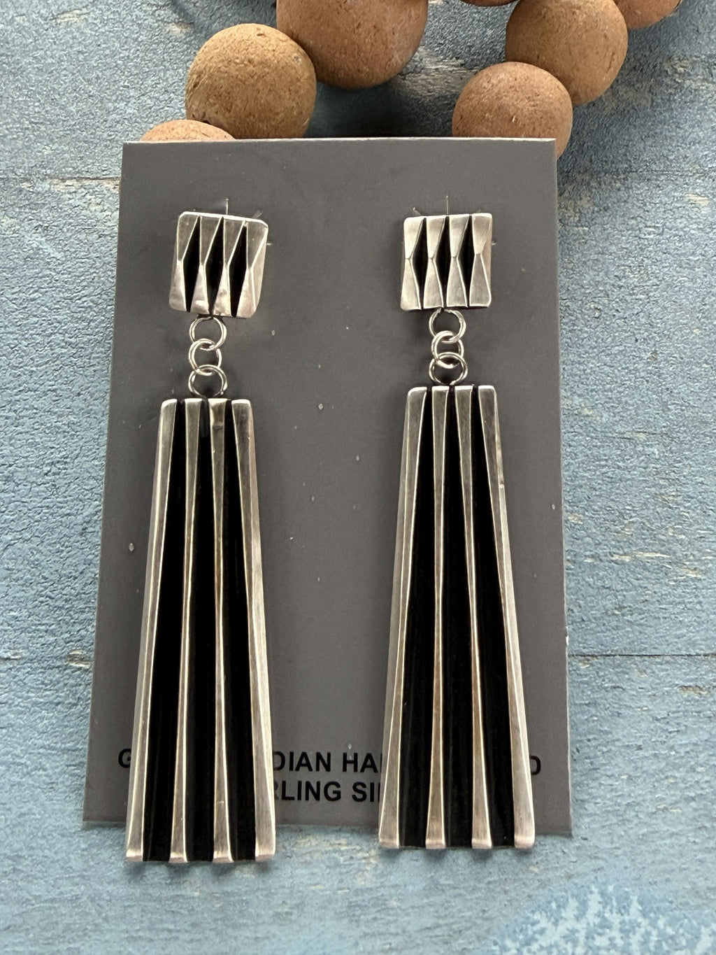 *Native American Made*  Navajo Leander Tahe:  Heavy Sterling Silver Long Tower Dangle Earrings