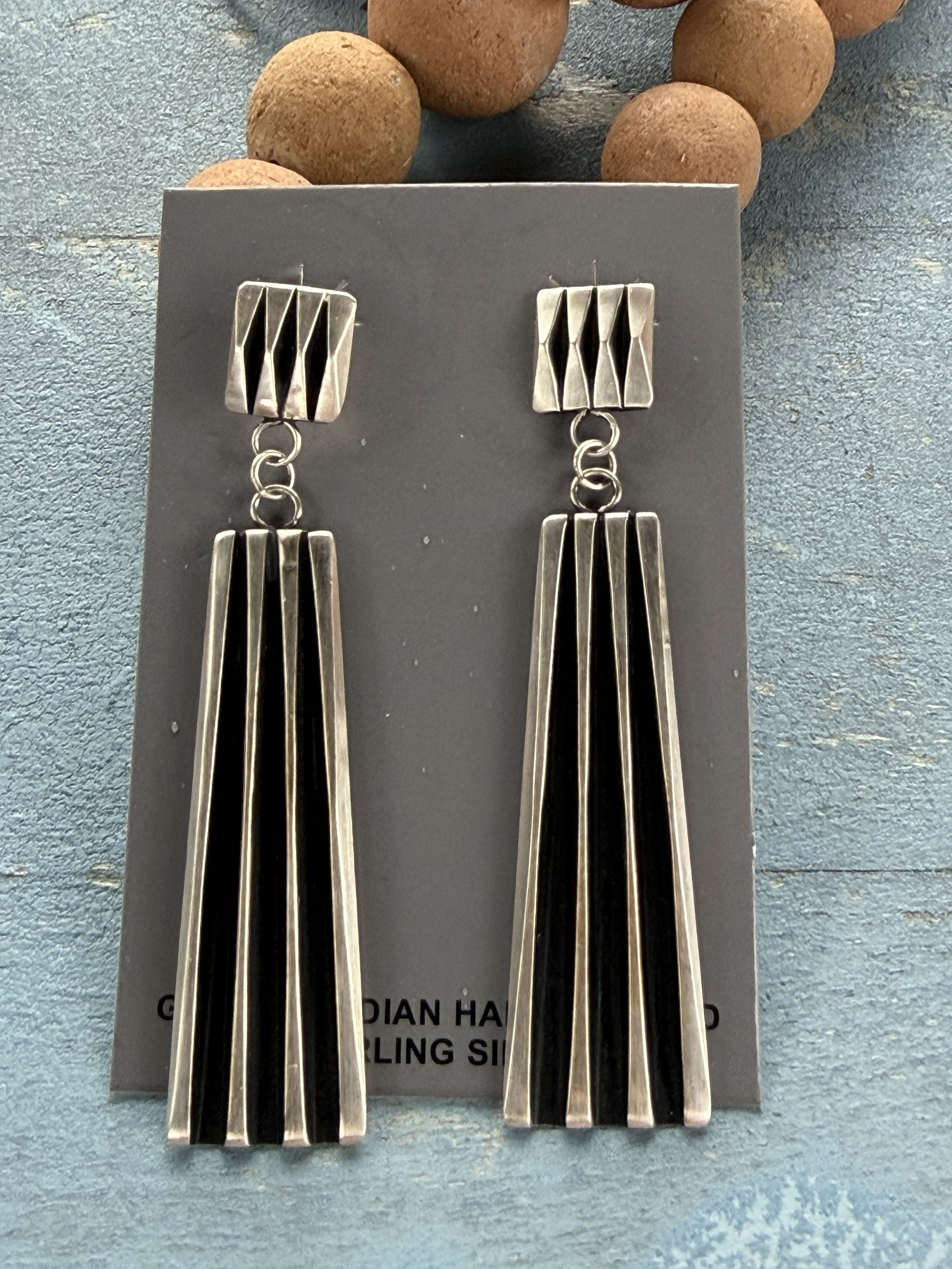*Native American Made*  Navajo Leander Tahe:  Heavy Sterling Silver Long Tower Dangle Earrings