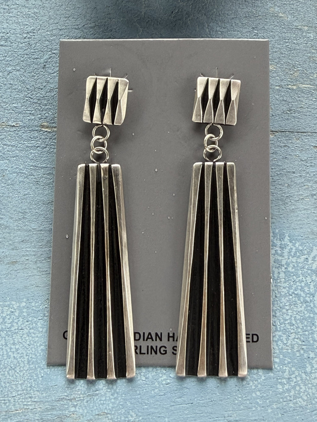 *Native American Made*  Navajo Leander Tahe:  Heavy Sterling Silver Long Tower Dangle Earrings