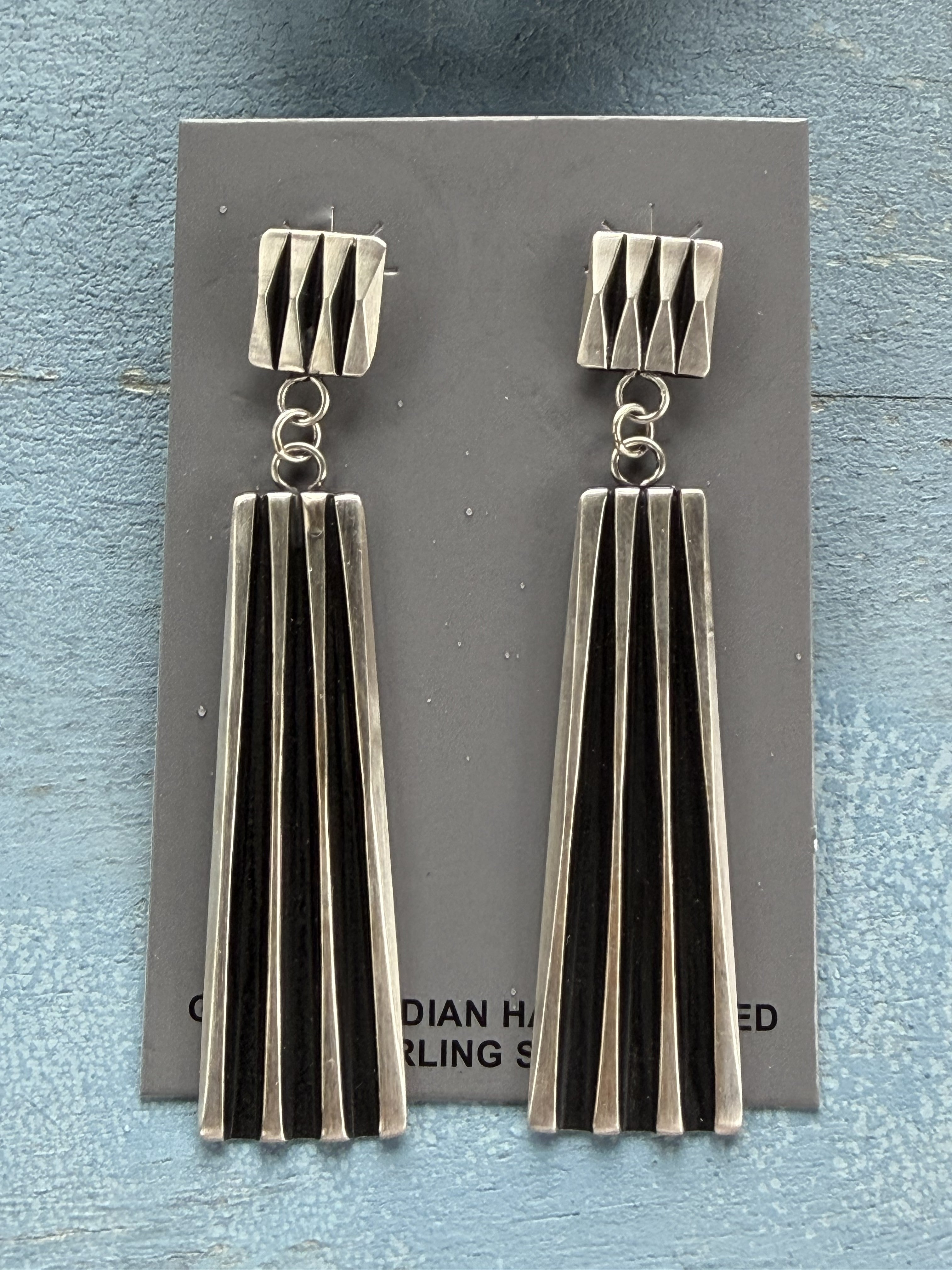 *Native American Made*  Navajo Leander Tahe:  Heavy Sterling Silver Long Tower Dangle Earrings