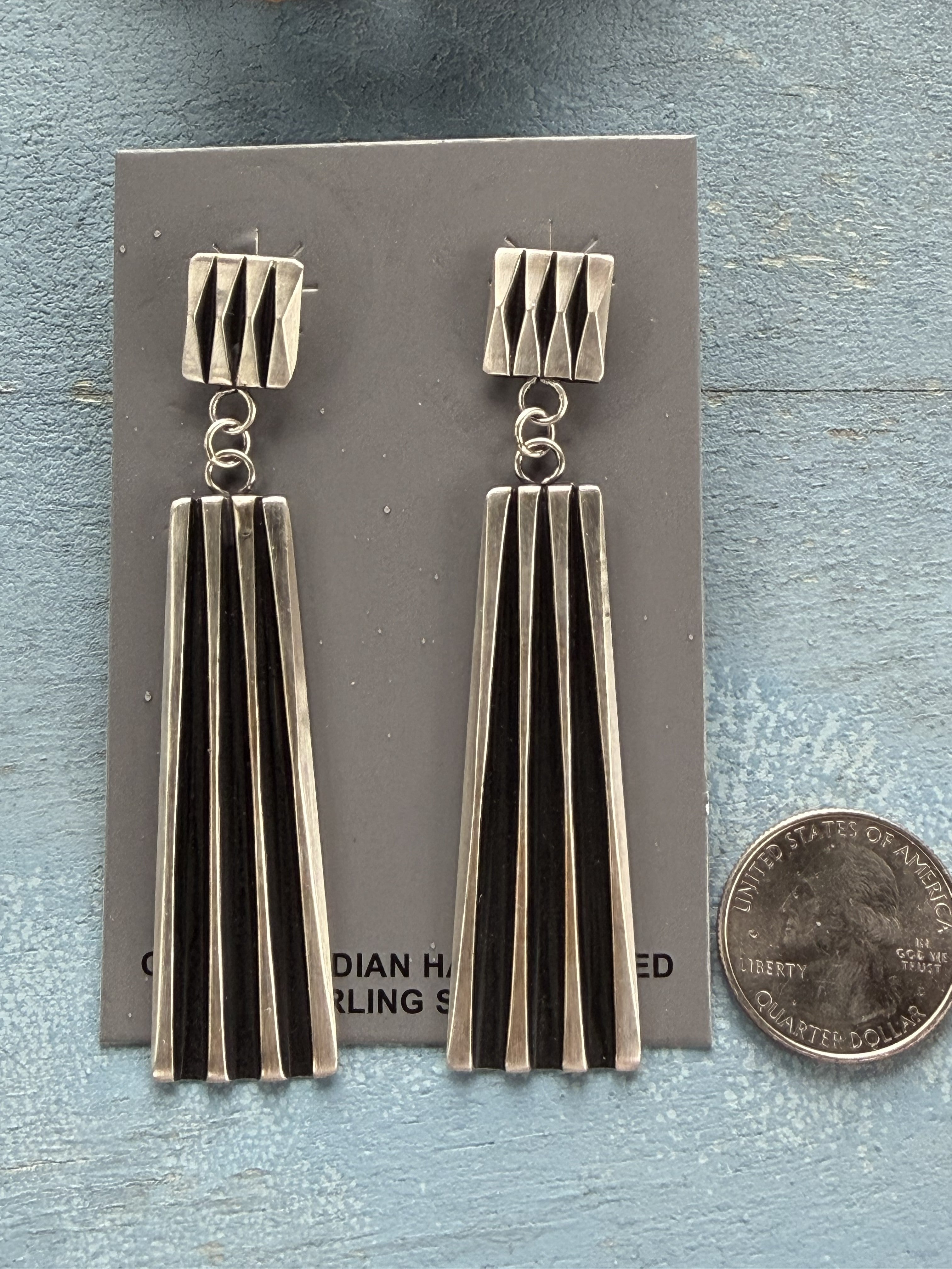 *Native American Made*  Navajo Leander Tahe:  Heavy Sterling Silver Long Tower Dangle Earrings