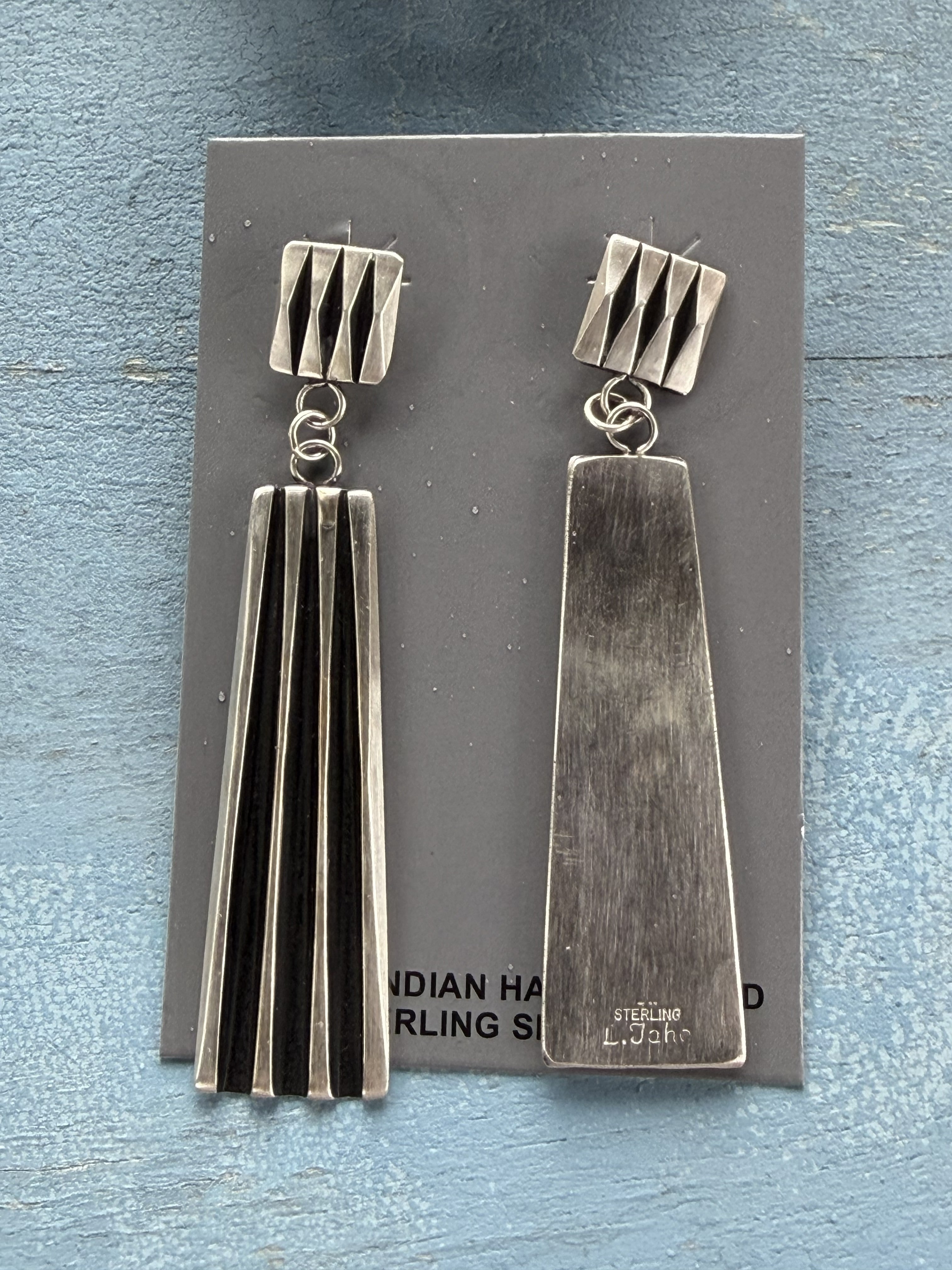 *Native American Made*  Navajo Leander Tahe:  Heavy Sterling Silver Long Tower Dangle Earrings