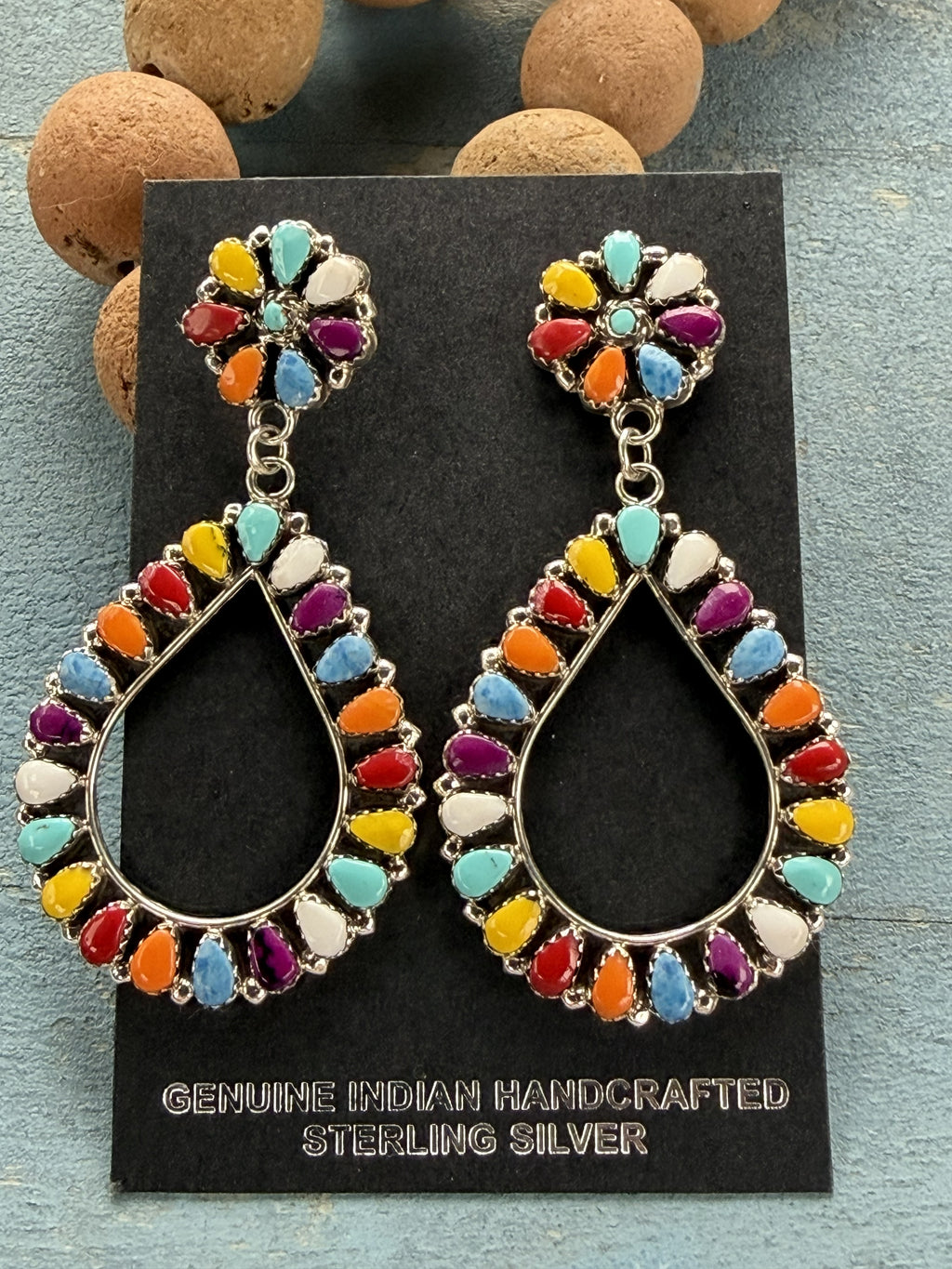 *Native American Made*  Navajo Mathilda Benally:  Sterling Silver with Multi-Colored Stones Dangle Earrings