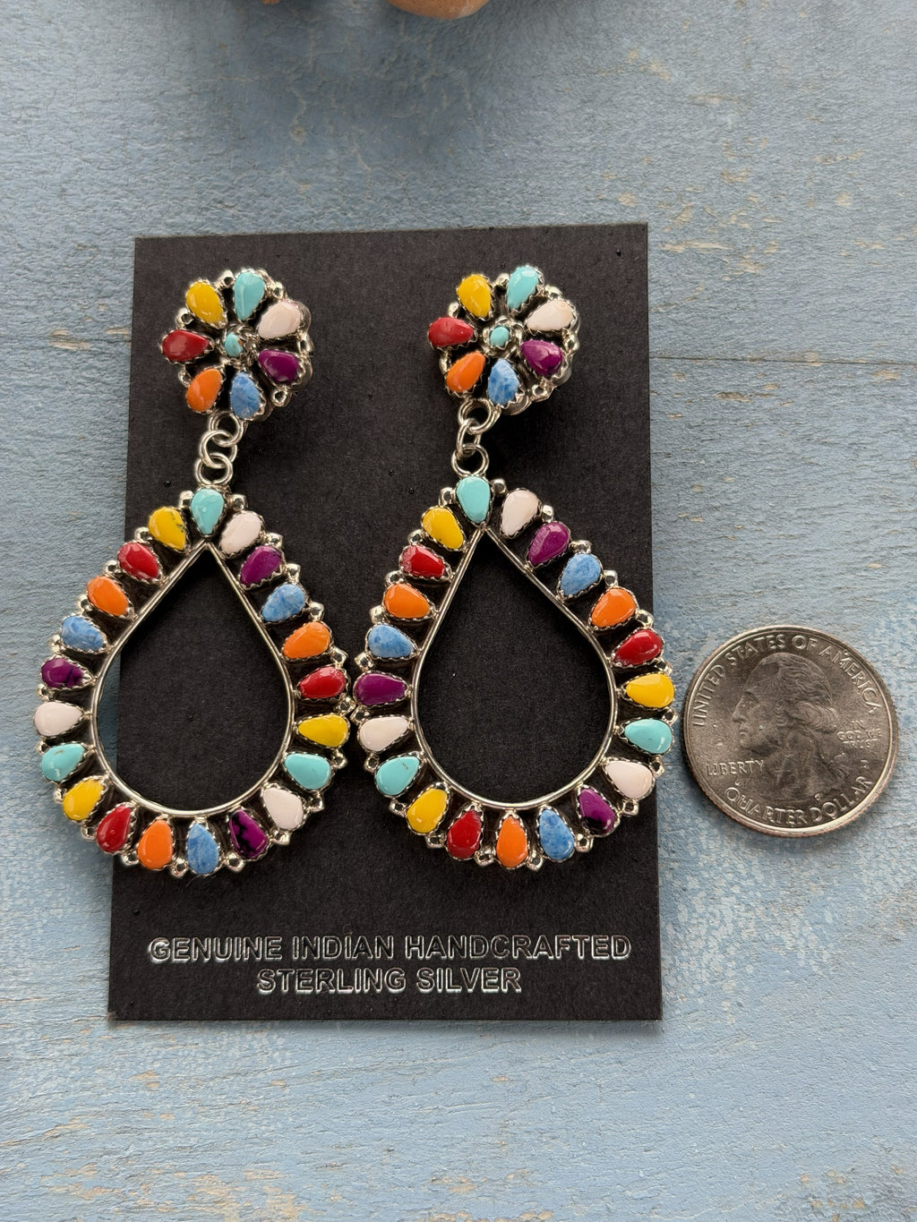 *Native American Made*  Navajo Mathilda Benally:  Sterling Silver with Multi-Colored Stones Dangle Earrings