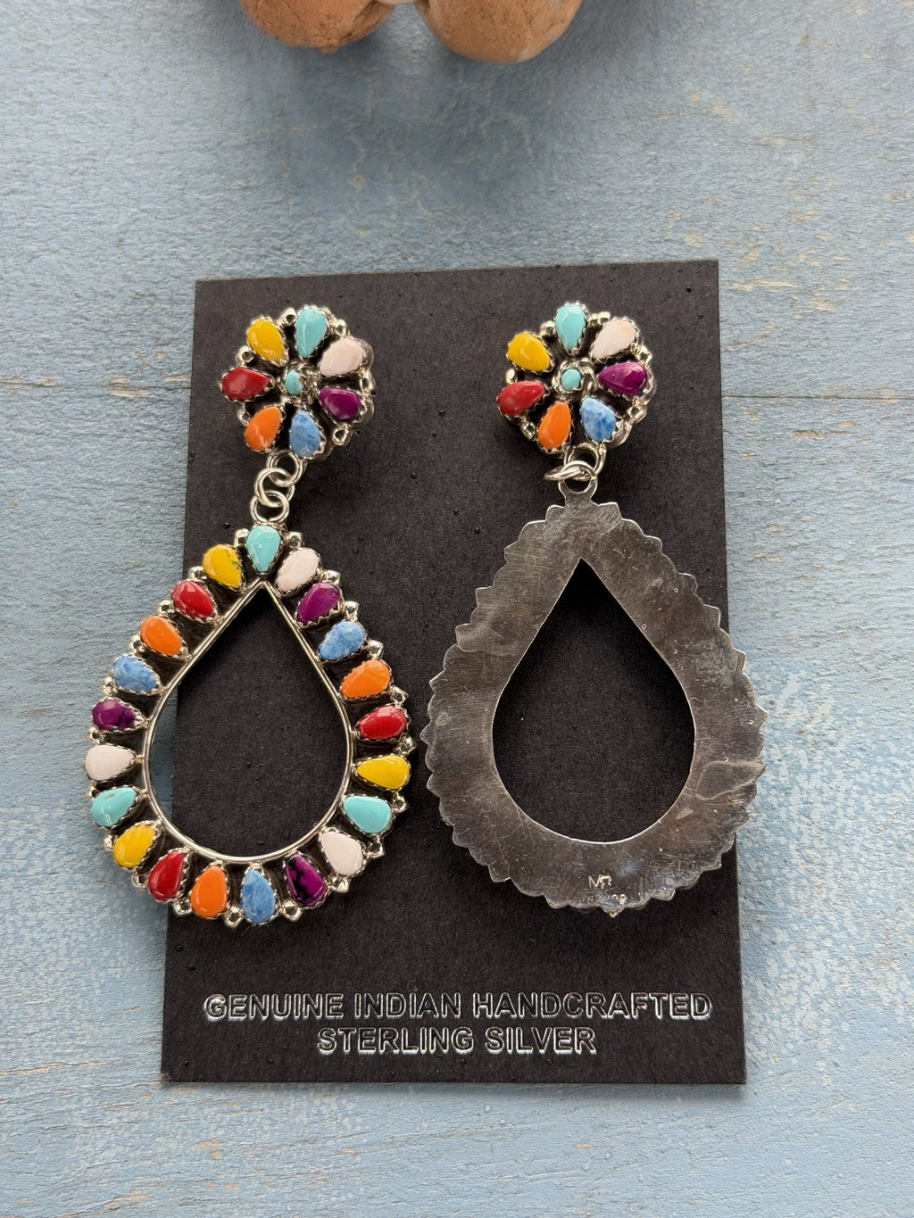 *Native American Made*  Navajo Mathilda Benally:  Sterling Silver with Multi-Colored Stones Dangle Earrings
