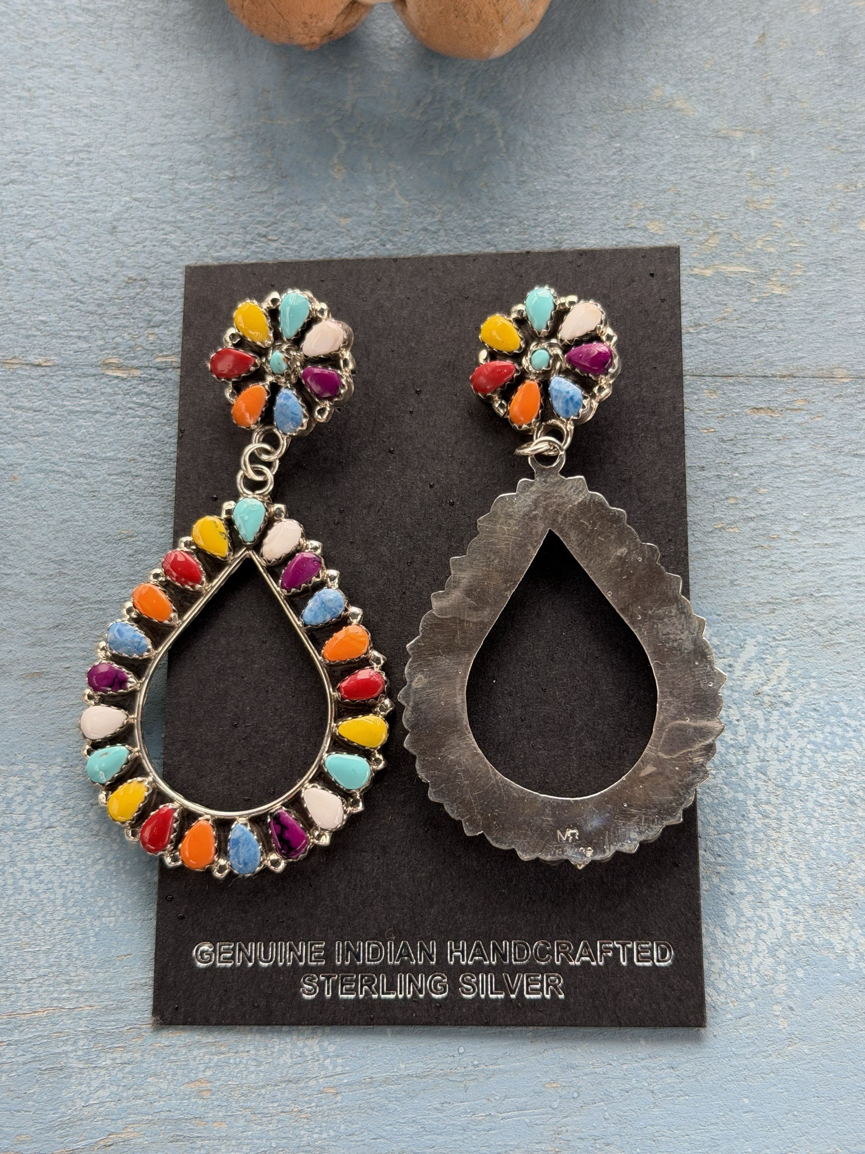 *Native American Made*  Navajo Mathilda Benally:  Sterling Silver with Multi-Colored Stones Dangle Earrings