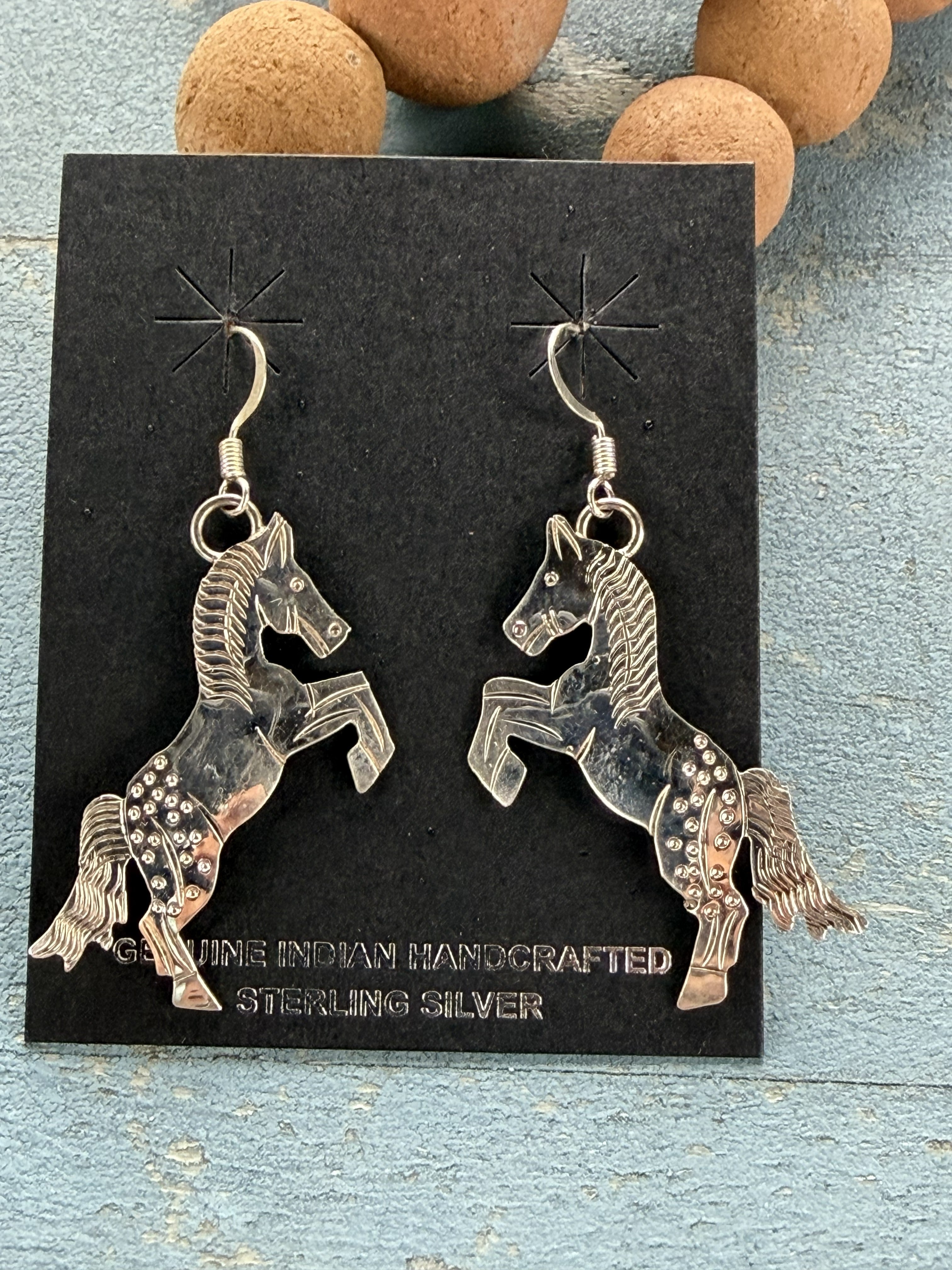 *Native American Made* Navajo L. Yazzie:  Silver Horse Sterling Silver Dangle Earrings