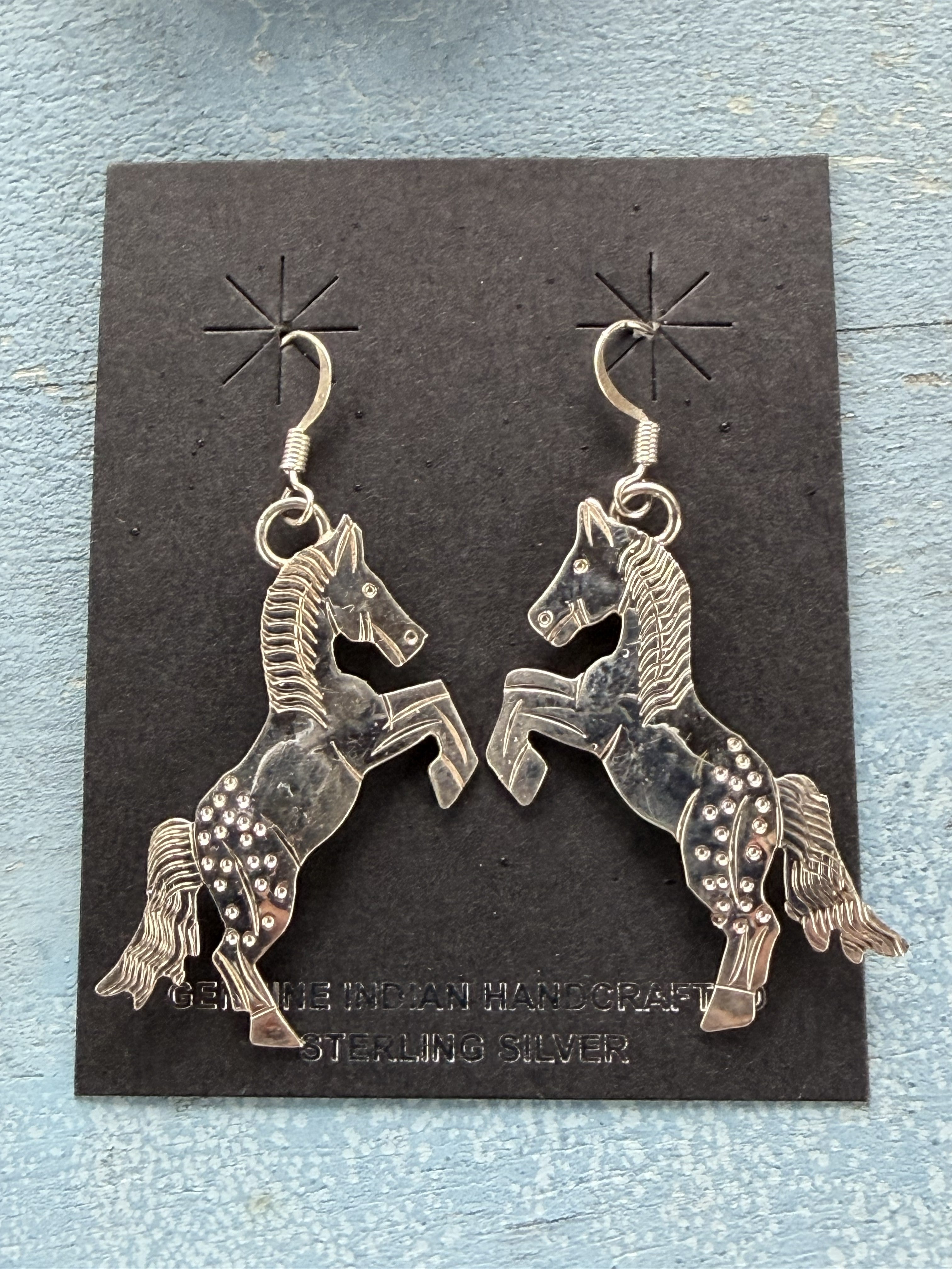 *Native American Made* Navajo L. Yazzie:  Silver Horse Sterling Silver Dangle Earrings