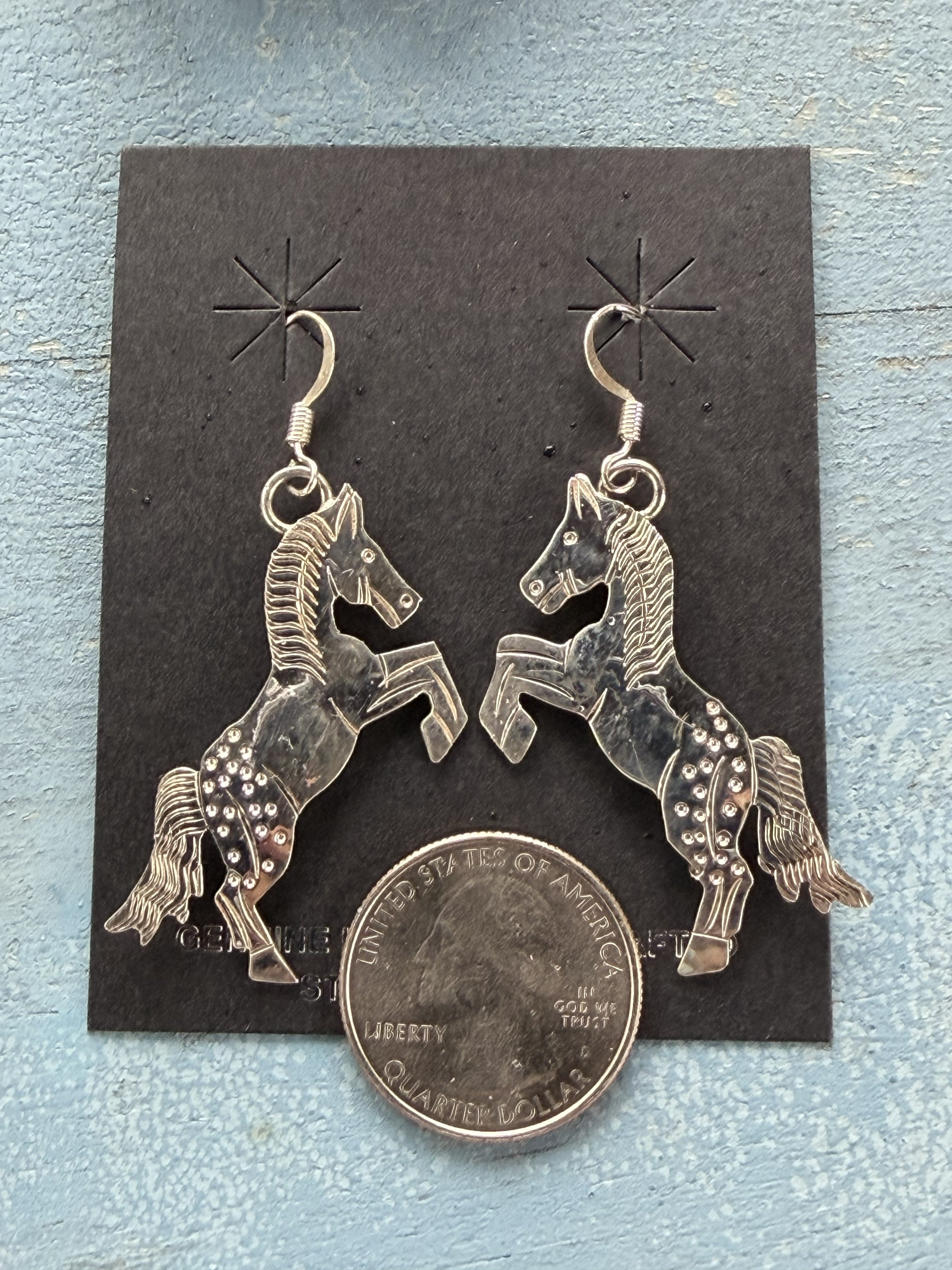 *Native American Made* Navajo L. Yazzie:  Silver Horse Sterling Silver Dangle Earrings
