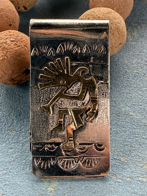 *Native American Made*  Navajo Genevieve Jone:  Sterling Silver and 12kt Gold Plated Kokopeli Money Clip
