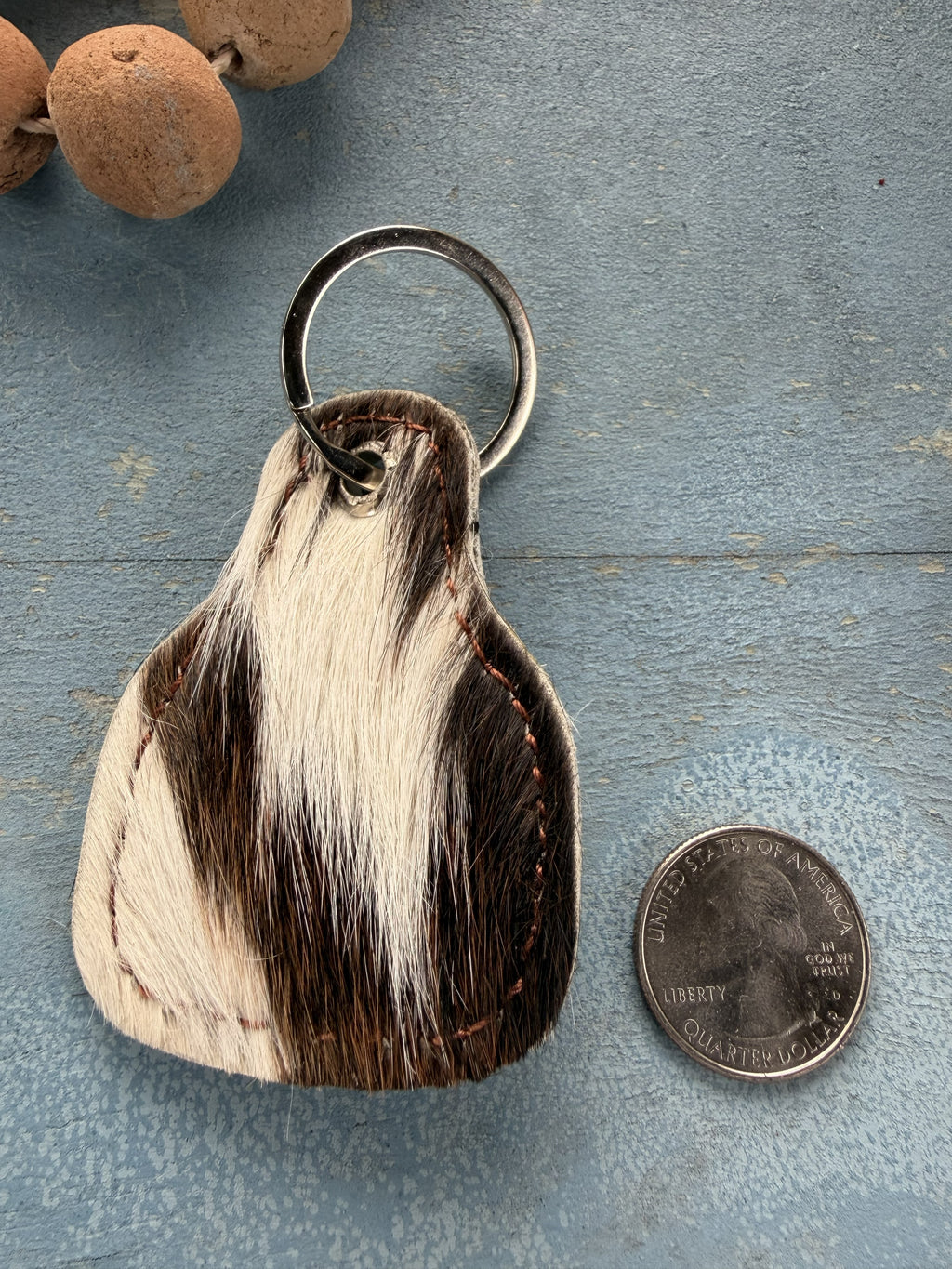 Leather with Cow Hair Cow Tag Shaped Keychain
