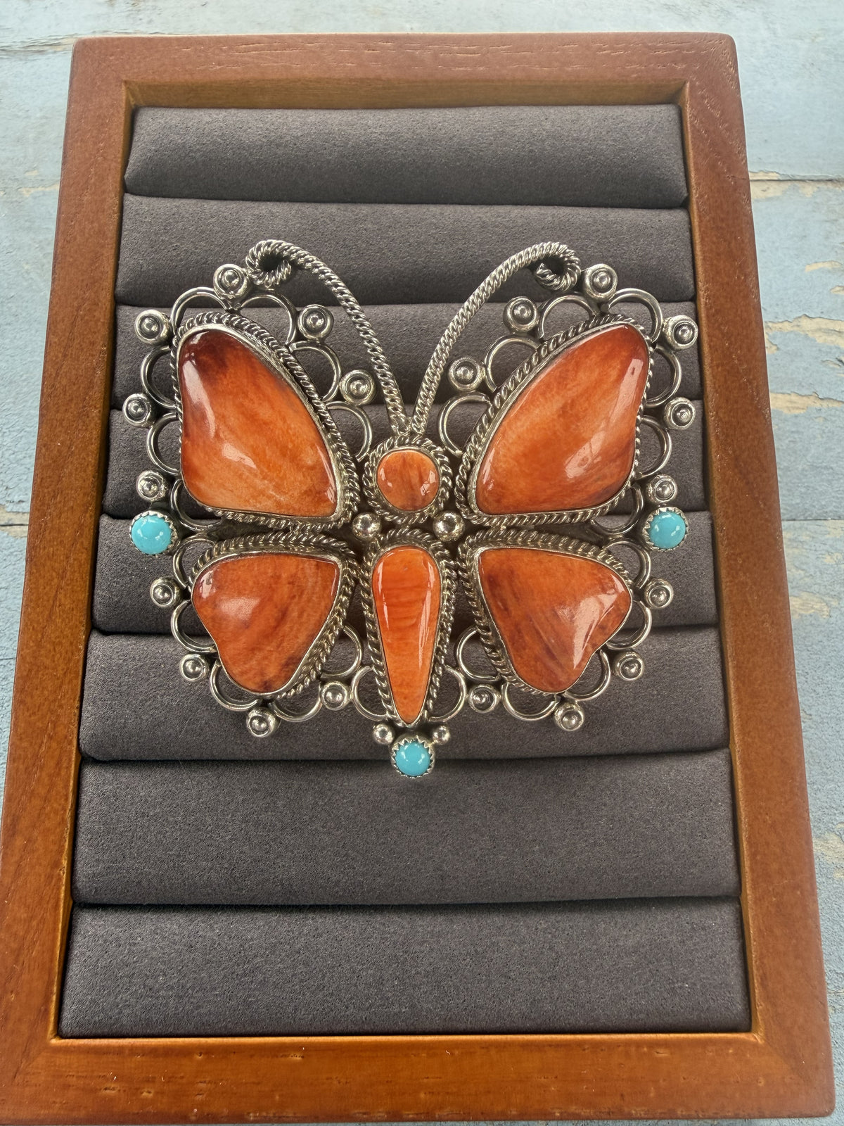 *Native American Made* Navajo Hemerson Brown Orange Spiney Butterfly Adjustable Ring