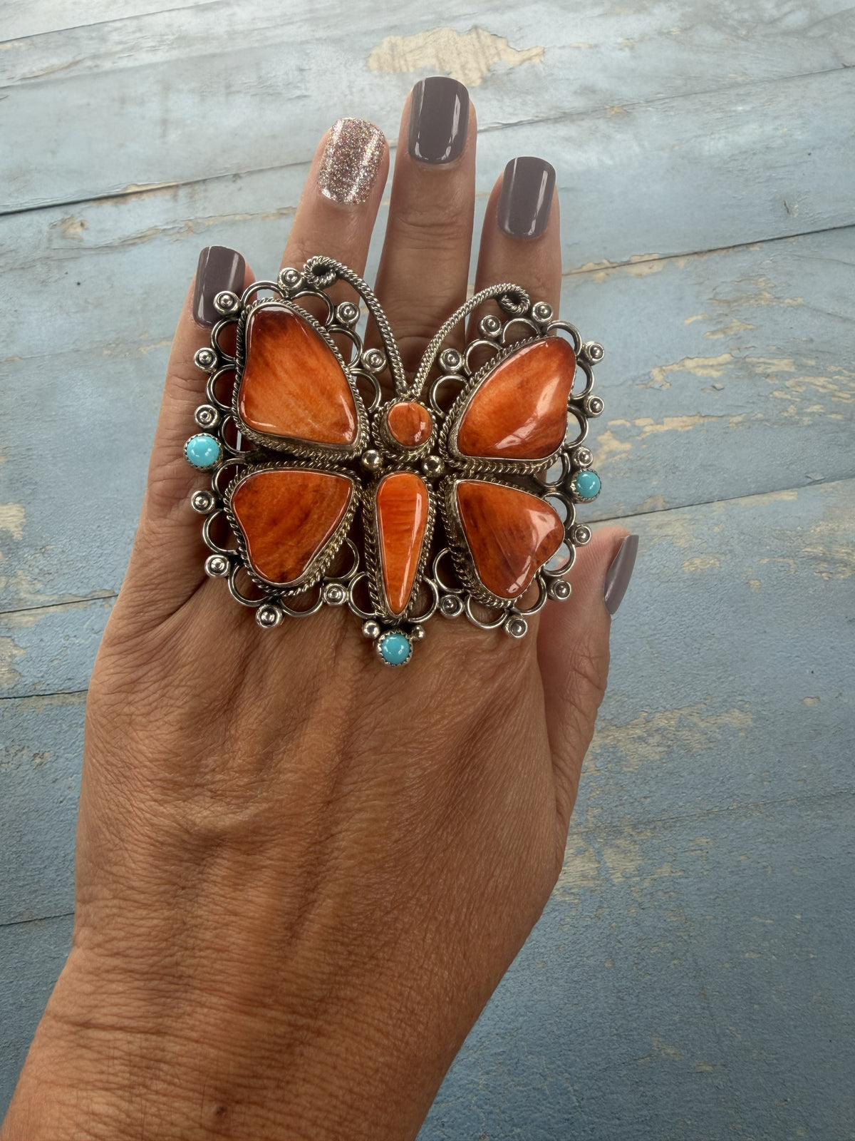 *Native American Made* Navajo Hemerson Brown Orange Spiney Butterfly Adjustable Ring