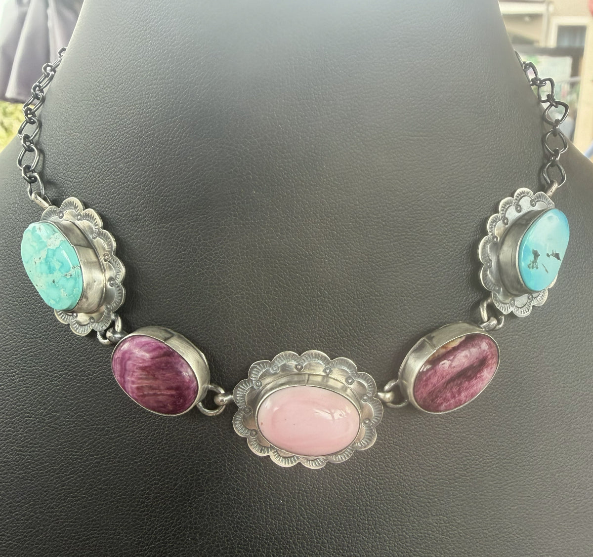 *Native American Made*  Navajo Scott Skeets Pink Conch, Purple Spiney and Sonoran Chocker Necklace