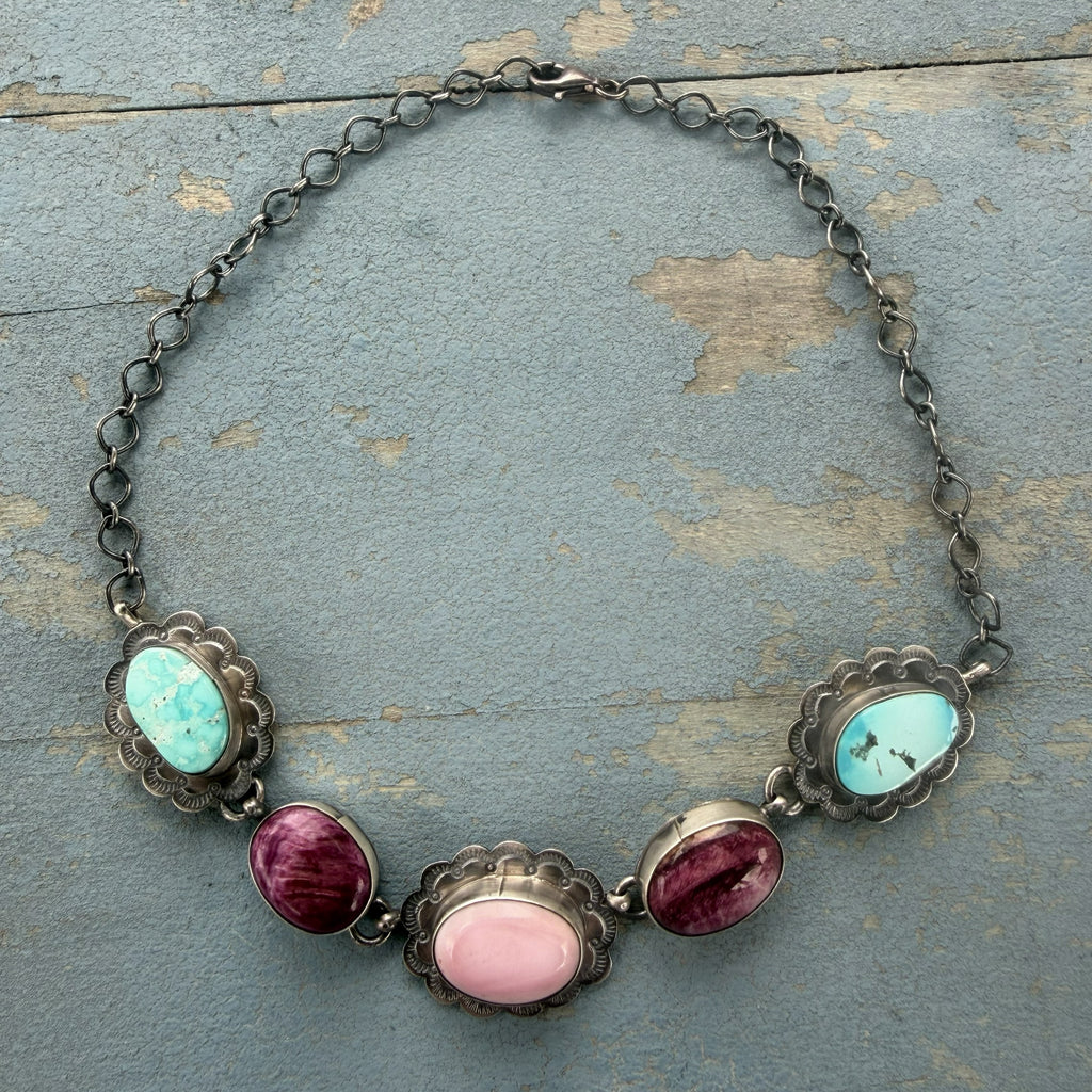 *Native American Made*  Navajo Scott Skeets Pink Conch, Purple Spiney and Sonoran Chocker Necklace