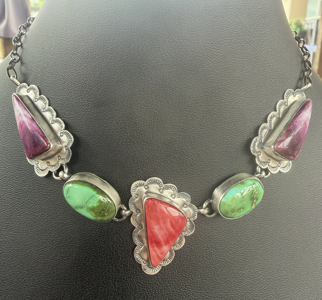 *Native American Made*  Navajo Scott Skeets  Purple and Orange Spiney with Sonoran Turquoise Choker