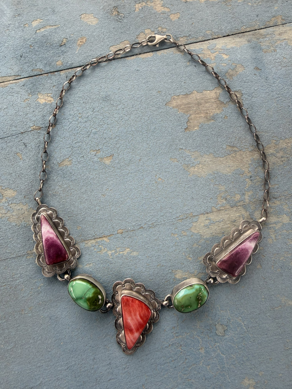 *Native American Made*  Navajo Scott Skeets  Purple and Orange Spiney with Sonoran Turquoise Choker