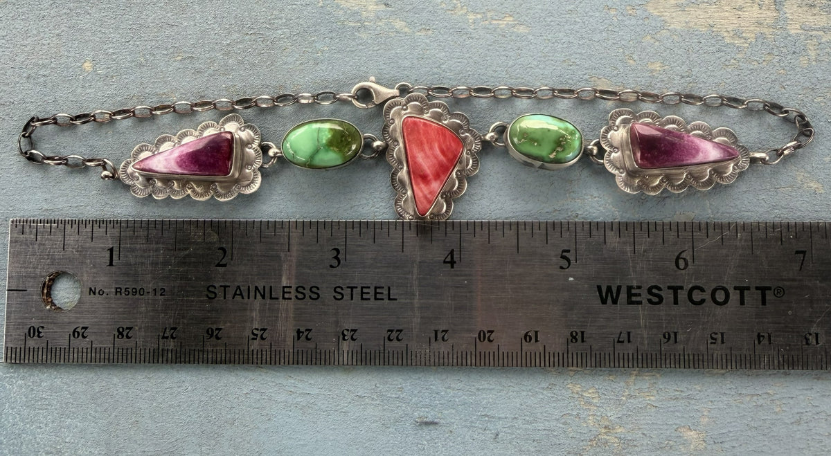 *Native American Made*  Navajo Scott Skeets  Purple and Orange Spiney with Sonoran Turquoise Choker