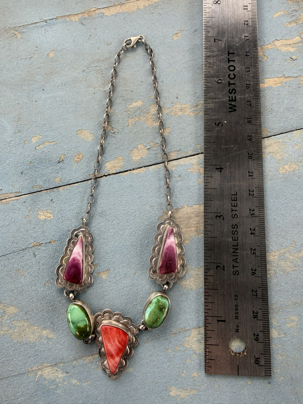*Native American Made*  Navajo Scott Skeets  Purple and Orange Spiney with Sonoran Turquoise Choker
