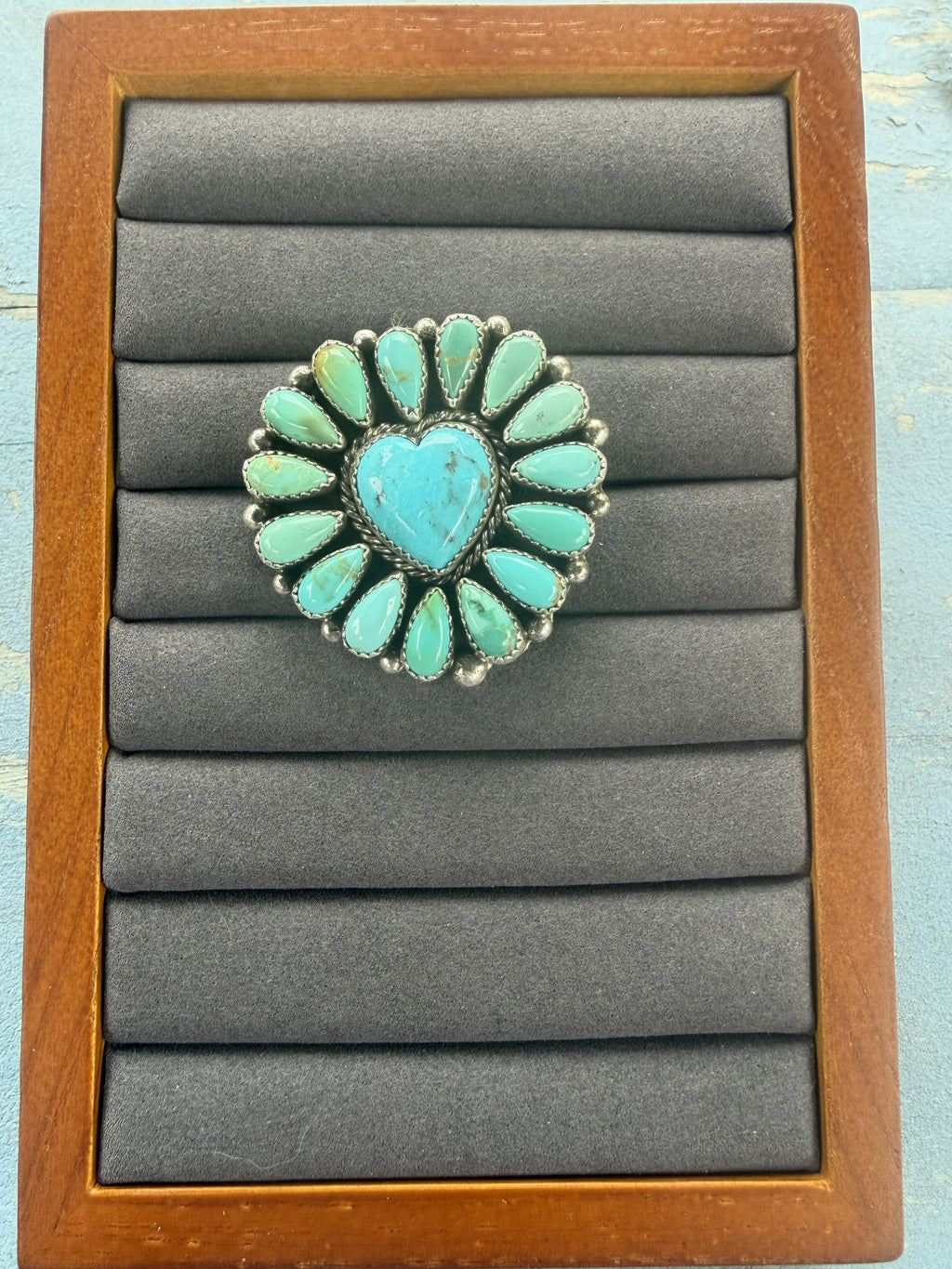 *Native American Made*  Navajo Marlene Jones Heart Center Kingman Cluster Adjustable Ring