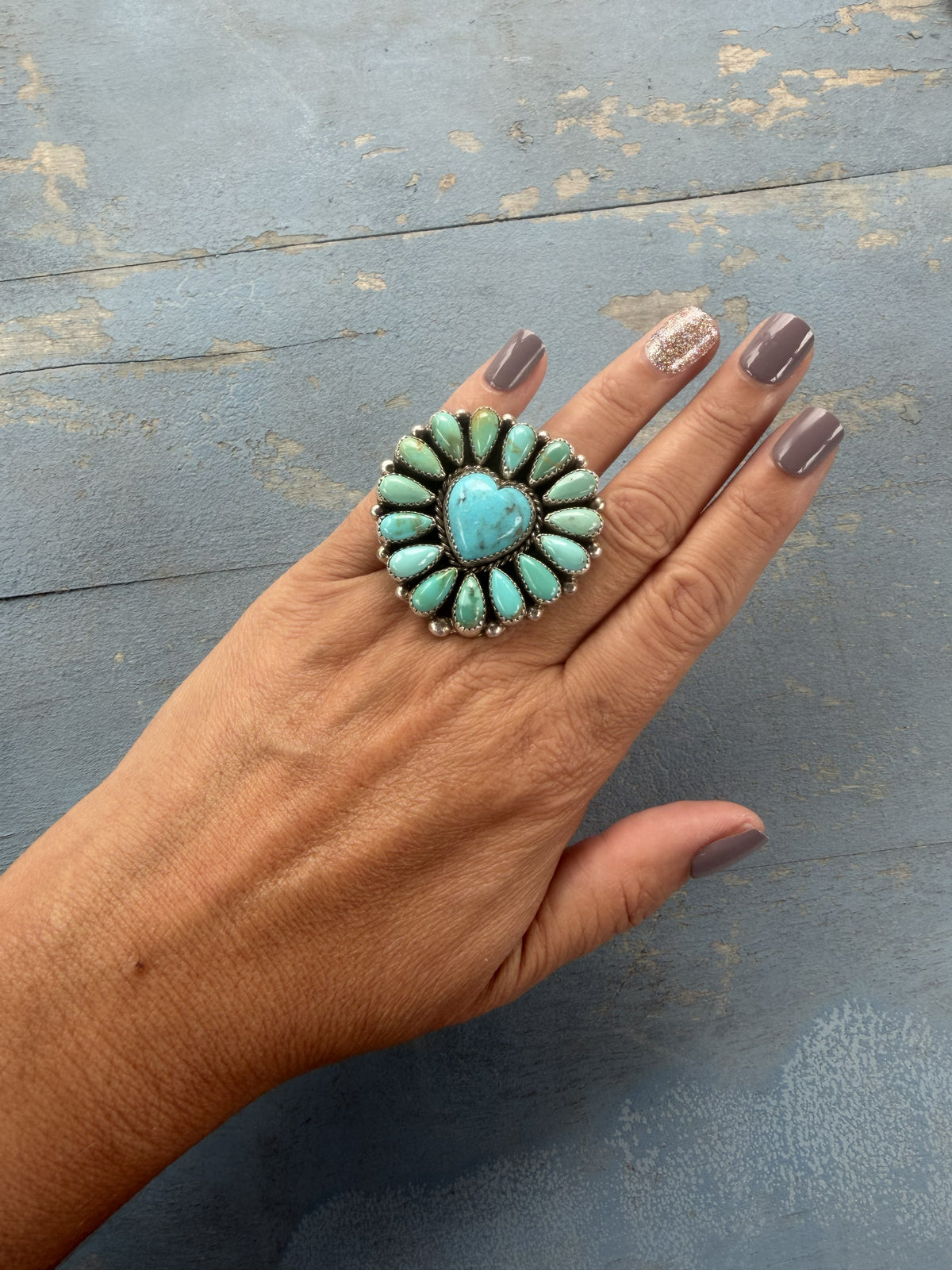 *Native American Made*  Navajo Marlene Jones Heart Center Kingman Cluster Adjustable Ring