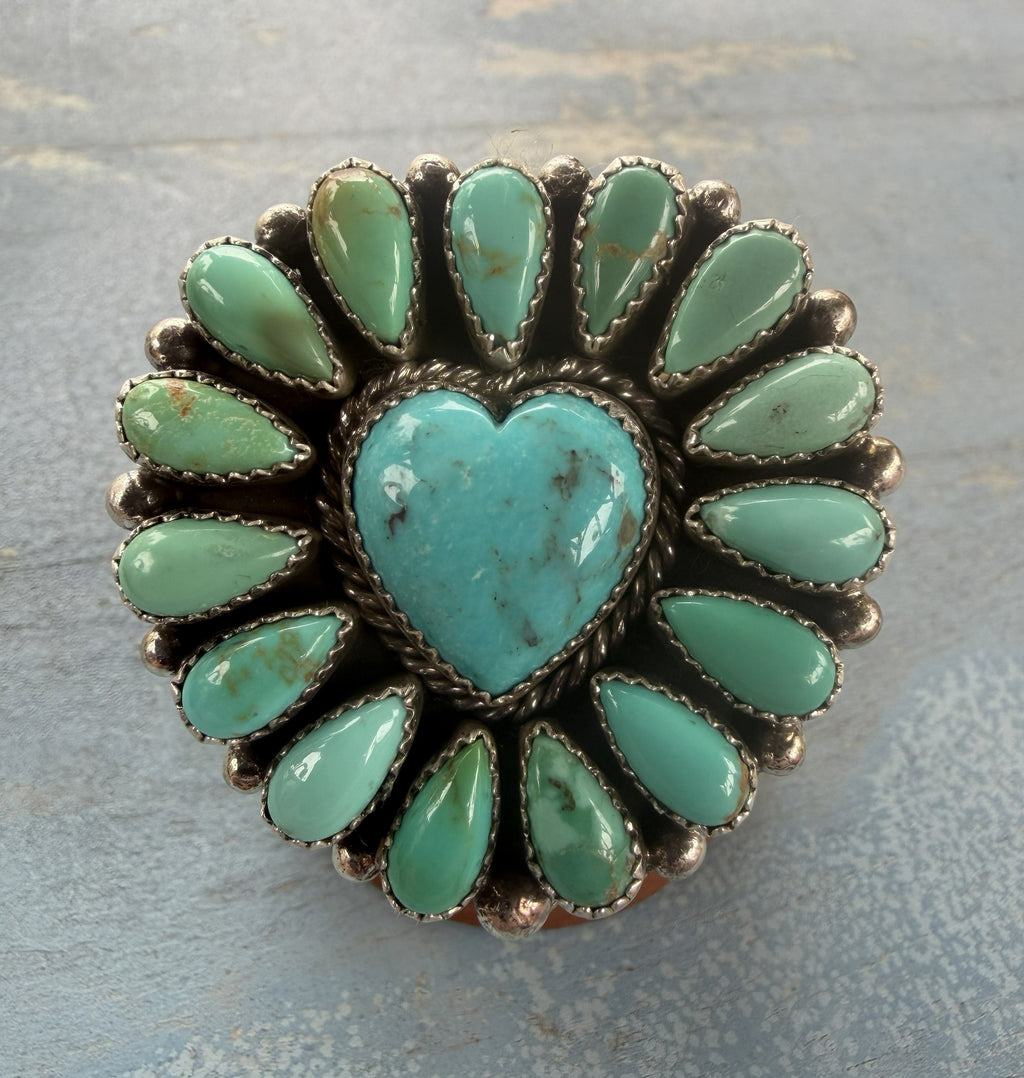 *Native American Made*  Navajo Marlene Jones Heart Center Kingman Cluster Adjustable Ring
