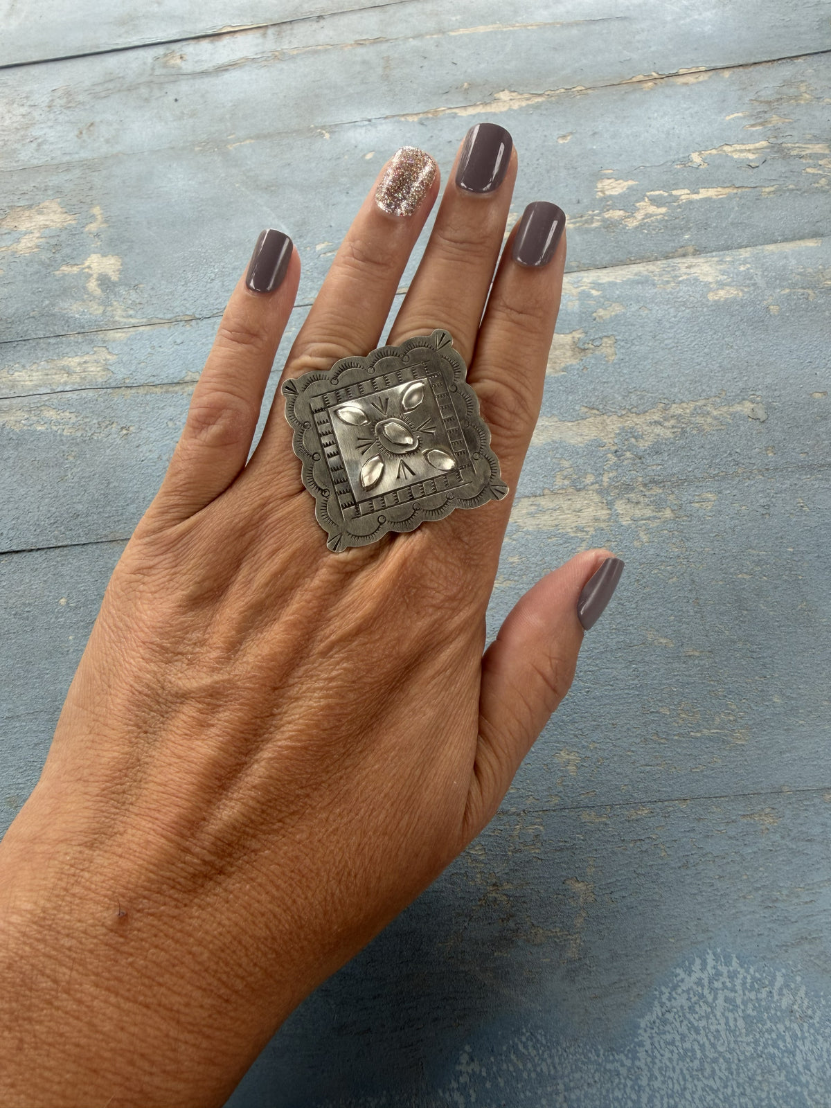 *Native American Made*  Navajo Kree Blanchard Rhombus Etched Adjustable Ring