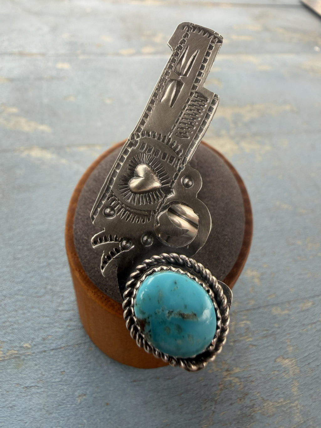 *Native American Made*  Navajo Tim Yazzie Pistol with Turquoise Adjustable Ring