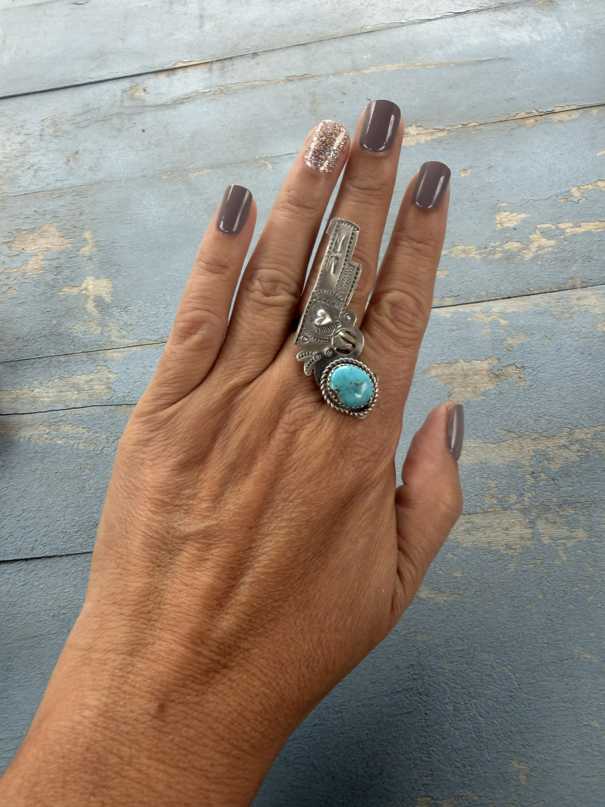 *Native American Made*  Navajo Tim Yazzie Pistol with Turquoise Adjustable Ring