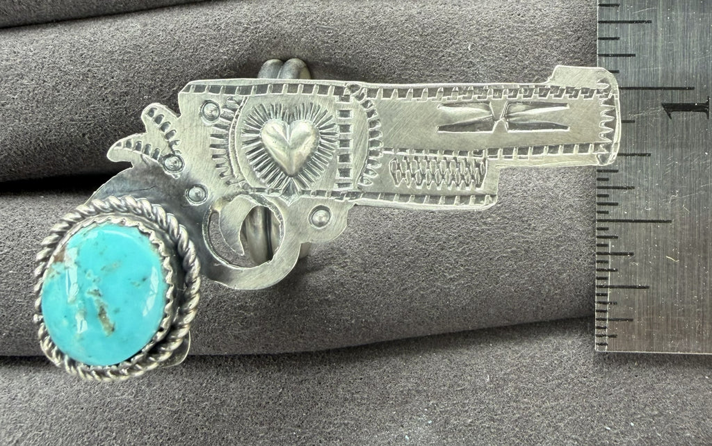 *Native American Made*  Navajo Tim Yazzie Pistol with Turquoise Adjustable Ring