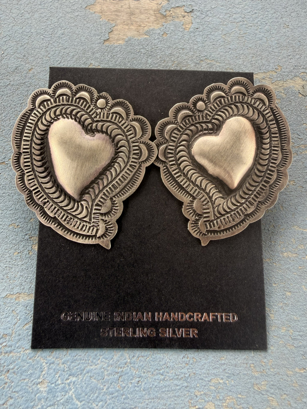 *Native American Made*  Navajo Leander Tahe:  Heart Etched Earrings