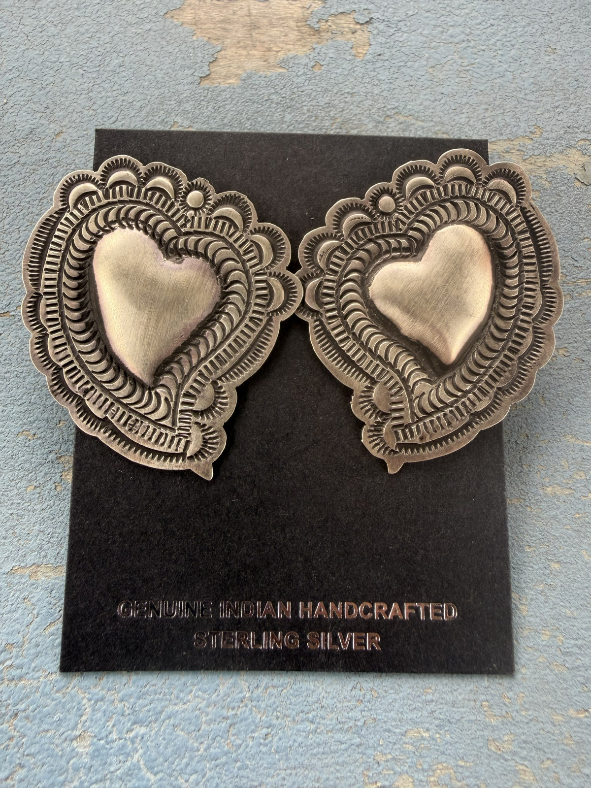 *Native American Made*  Navajo Leander Tahe:  Heart Etched Earrings