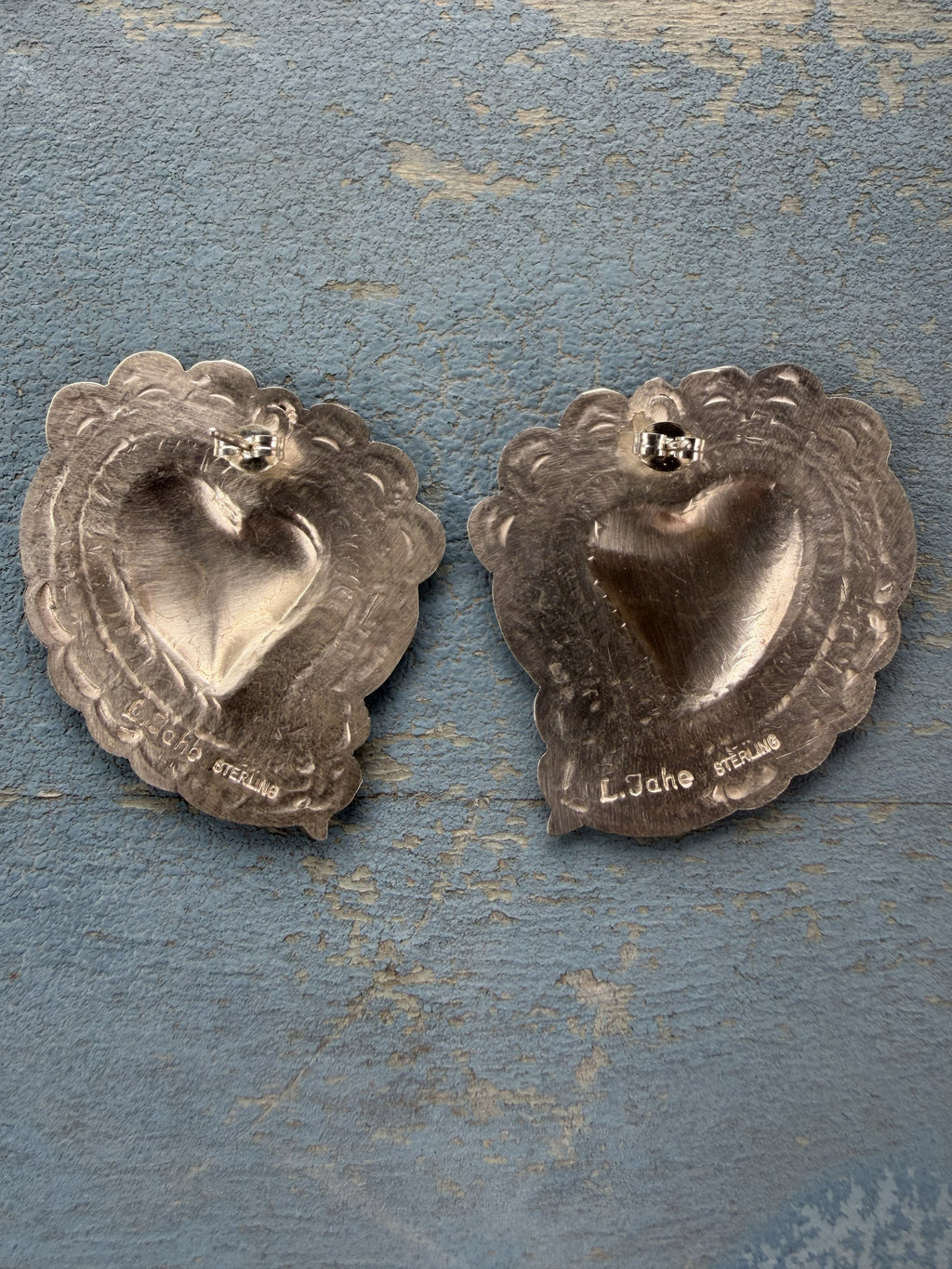 *Native American Made*  Navajo Leander Tahe:  Heart Etched Earrings