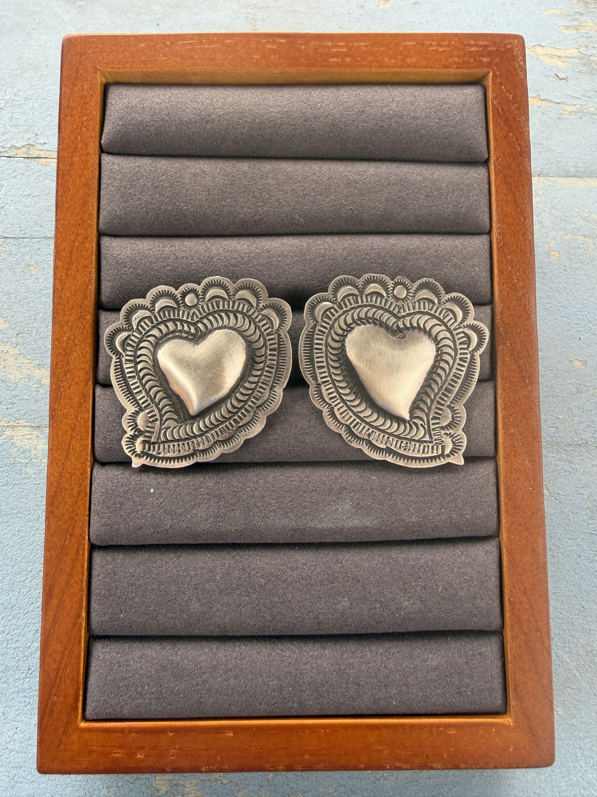 *Native American Made*  Navajo Leander Tahe:  Heart Etched Earrings